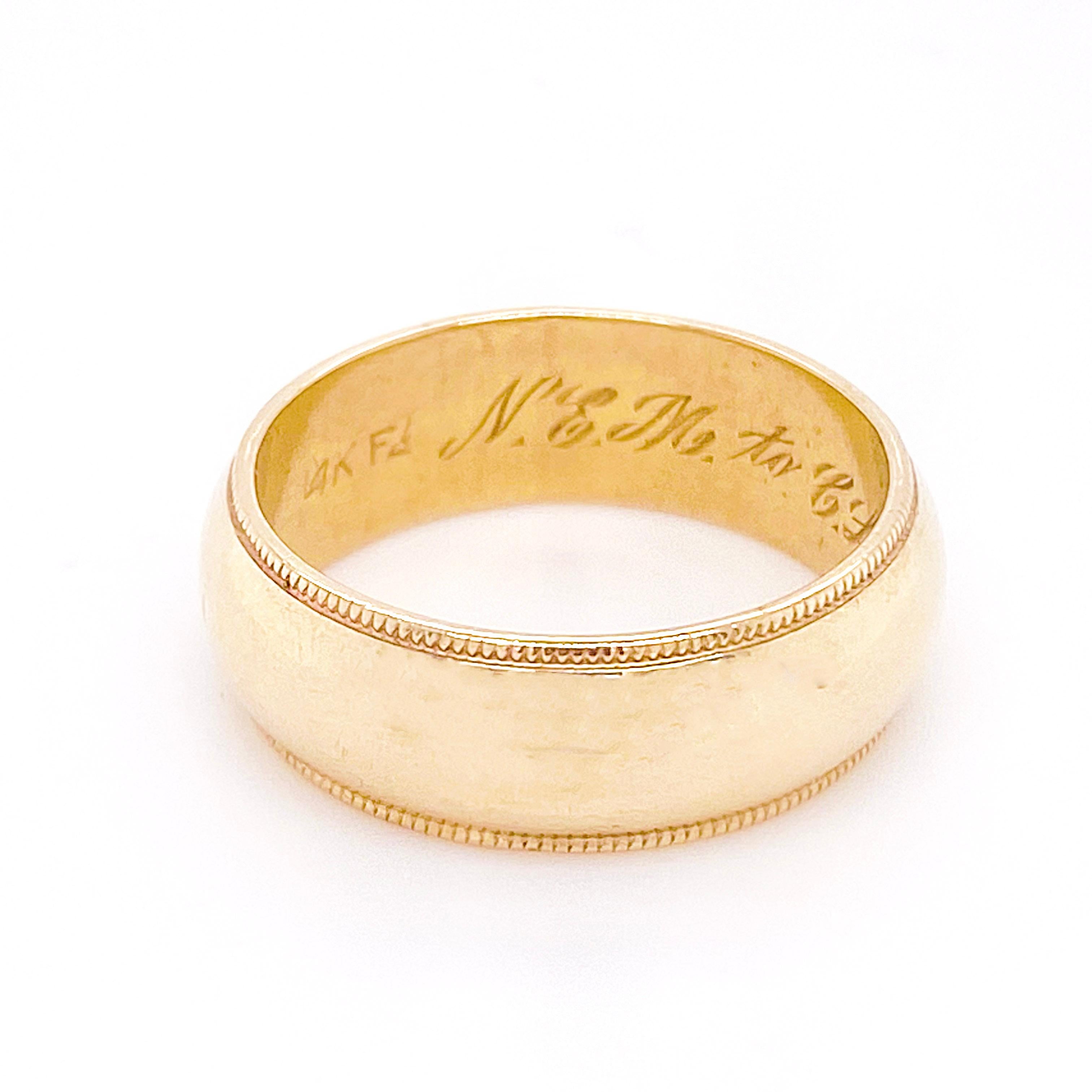 This is an estate wedding band from 1972. Own a piece of history and make it your own. This 14 karat yellow gold band is domed in the center and has a gorgeous beaded design on either side. The details for this stunning ring are listed below:
Metal