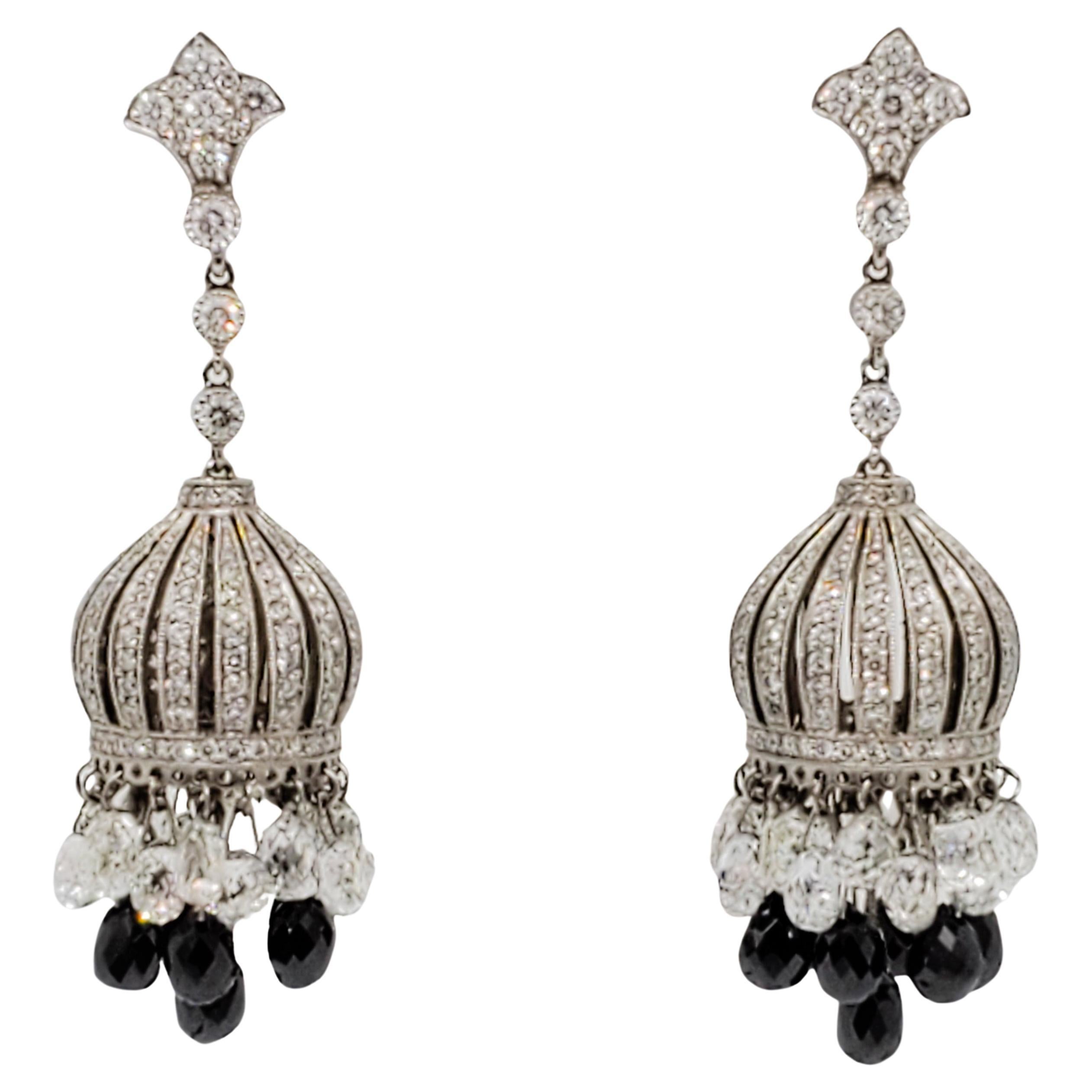 Estate White and Black Diamond Briolette Dangle Earrings in Platinum