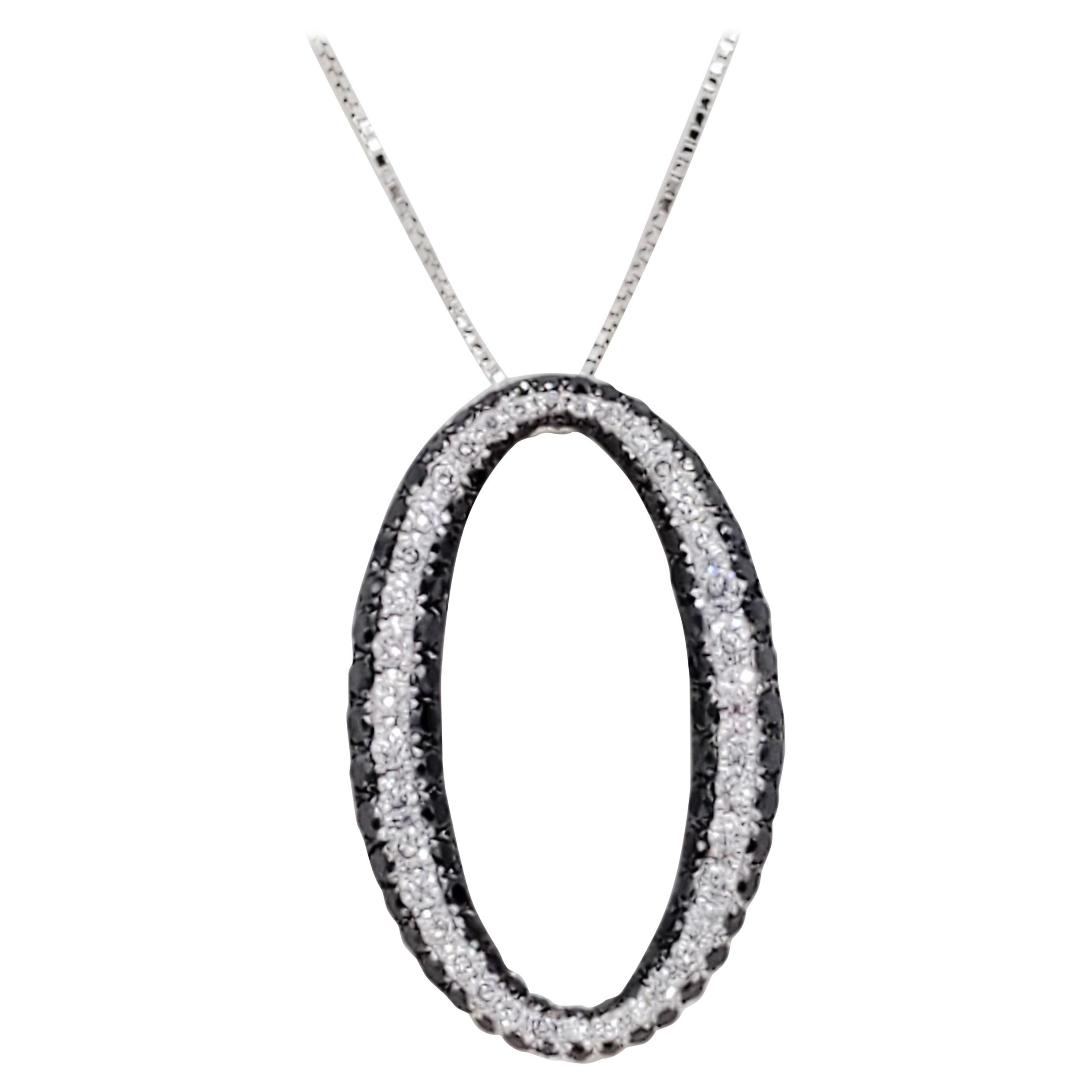Estate White And Black Diamond Oval Shape Pendant Necklace In 18k White Gold For Sale At 1stdibs