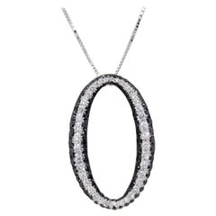 Estate White and Black Diamond Oval Shape Pendant Necklace in 18k White Gold