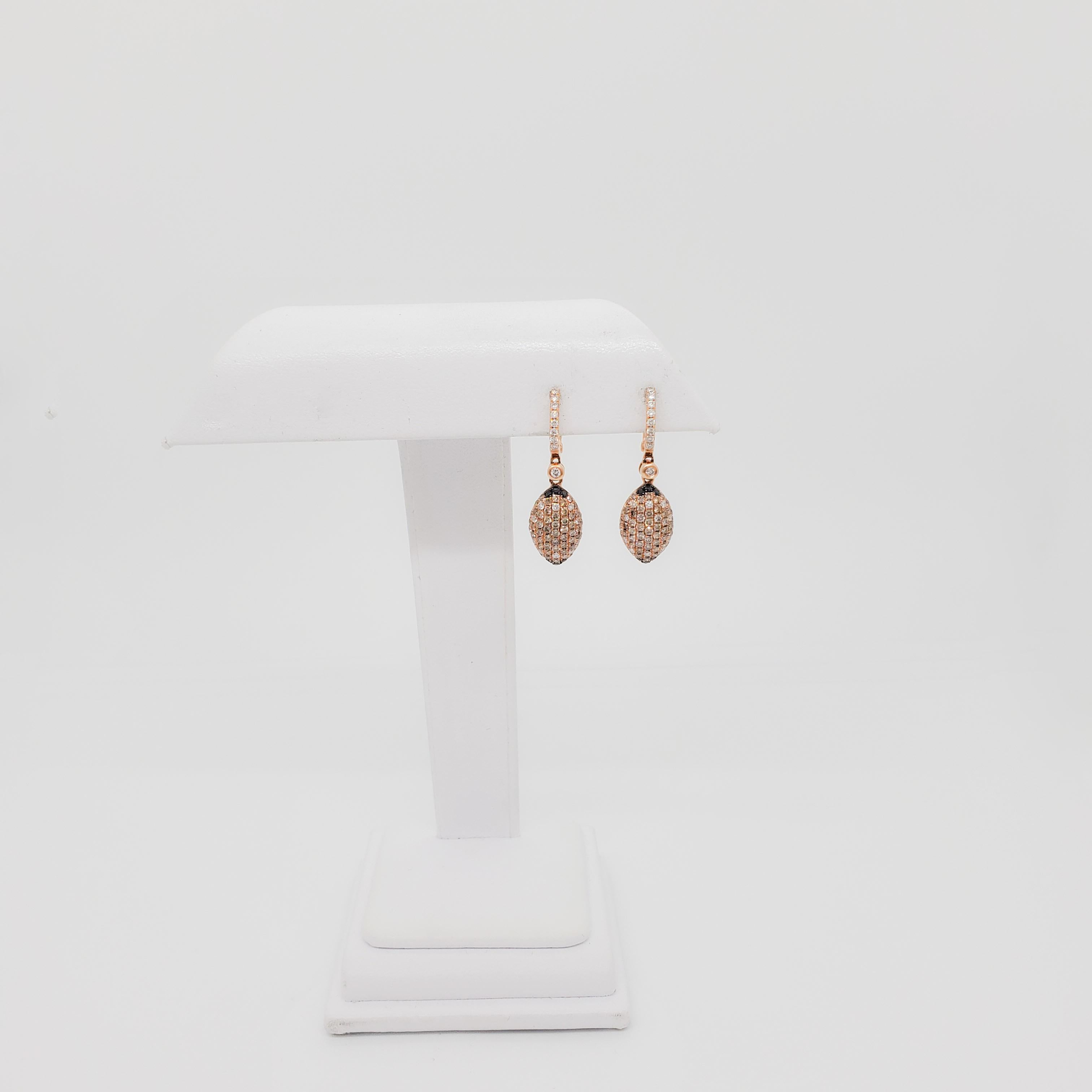 Women's or Men's  White and Black Diamond Pave Dangle Earrings in 14k Rose Gold For Sale