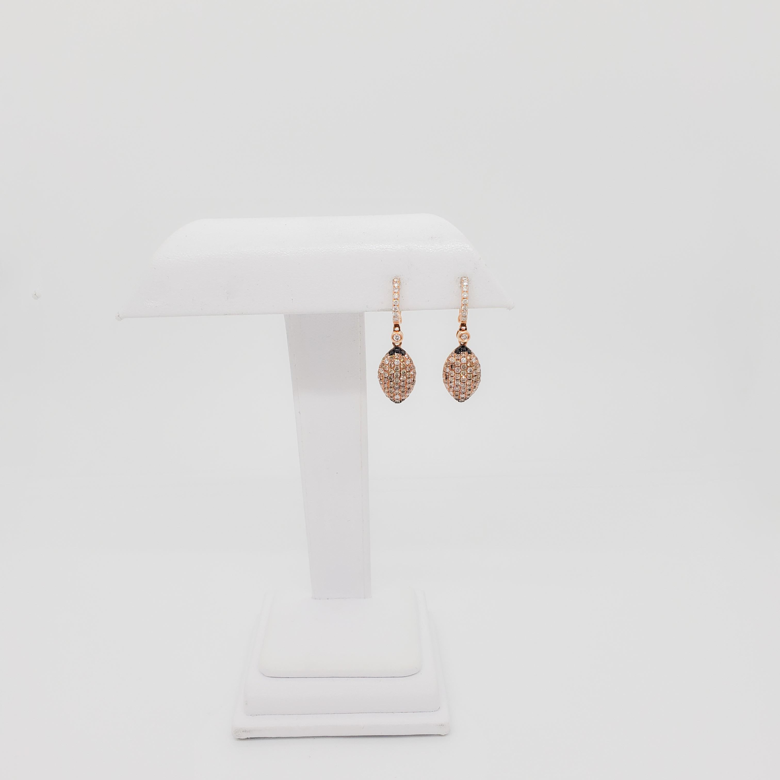 Women's or Men's White and Black Diamond Pave Dangle Earrings in 14k Rose Gold For Sale
