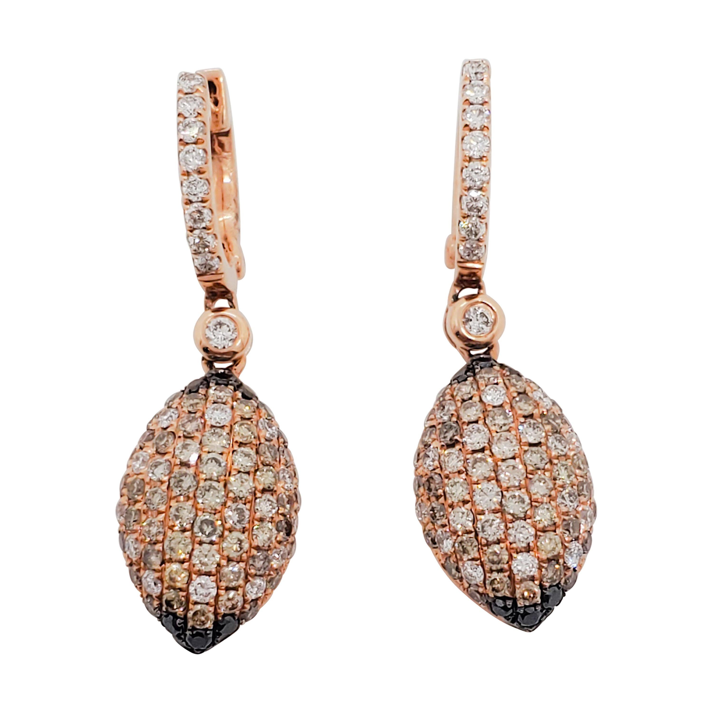 White and Black Diamond Pave Dangle Earrings in 14k Rose Gold For Sale