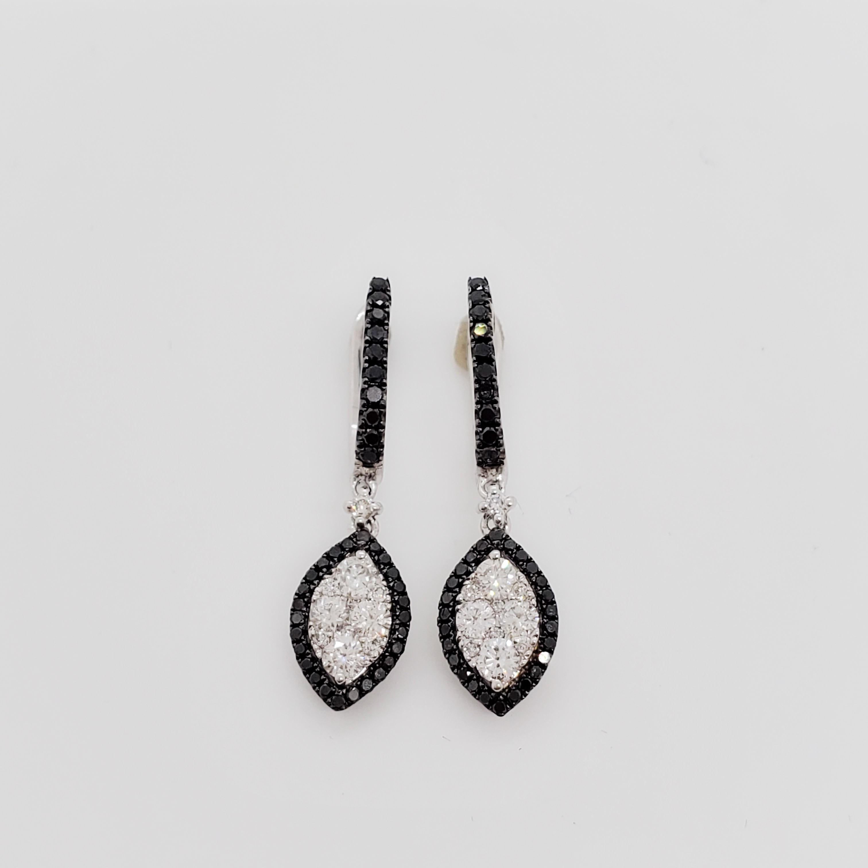 Round Cut White and Black Diamond Pave Dangle Earrings in 14k White Gold For Sale