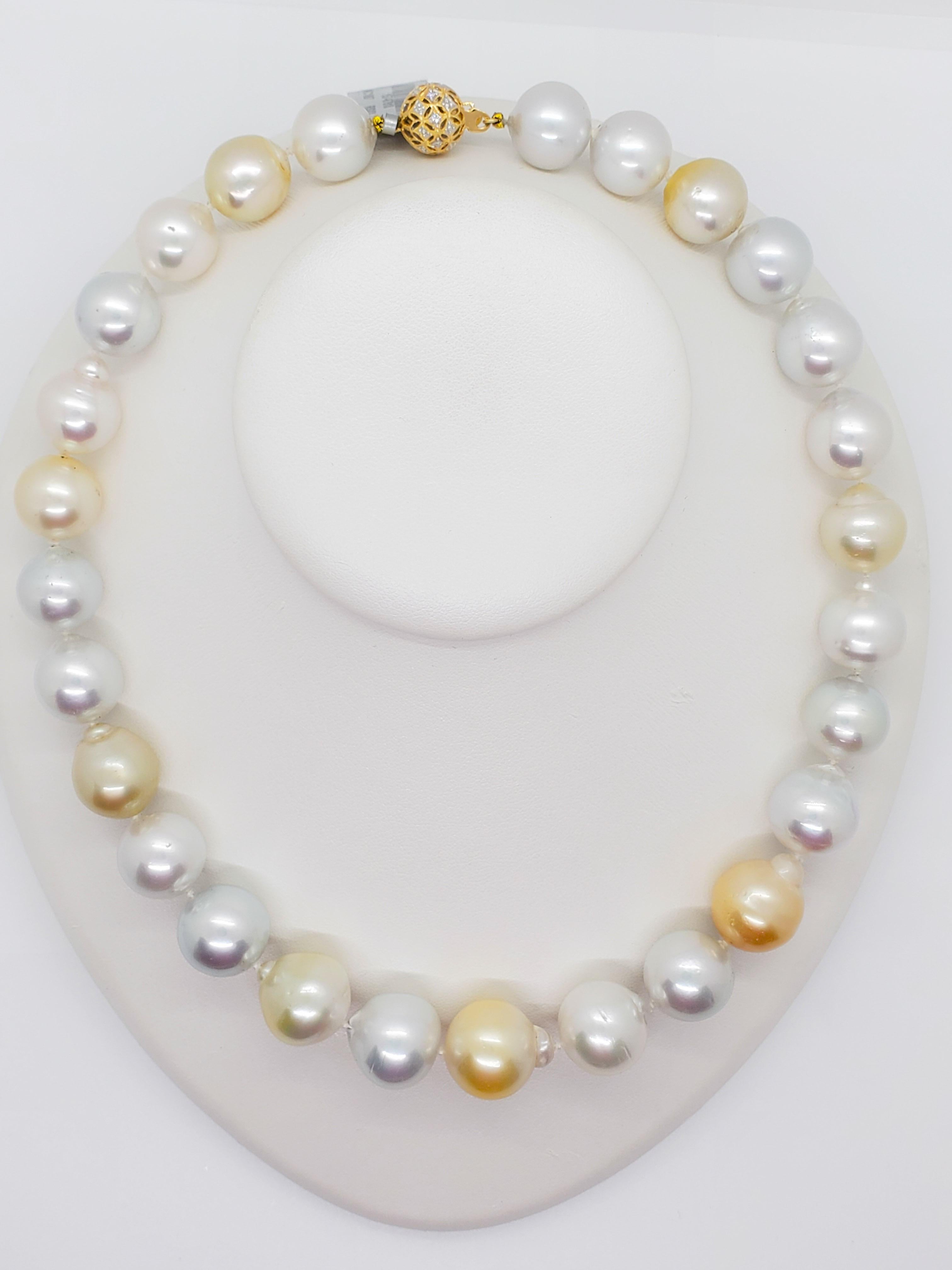 Round Cut  White and Yellow South Sea Pearl Necklace with Diamond Clasp For Sale