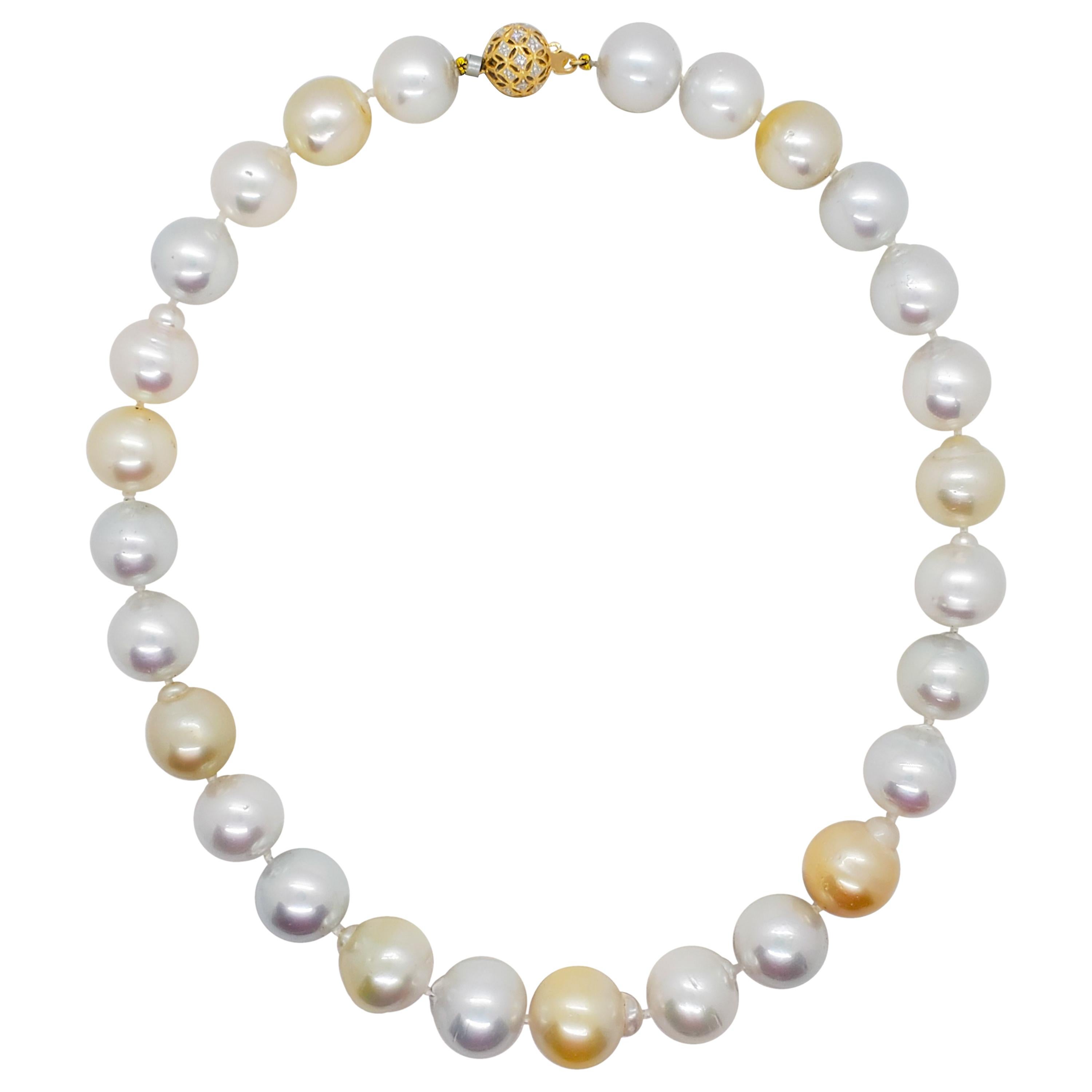  White and Yellow South Sea Pearl Necklace with Diamond Clasp For Sale