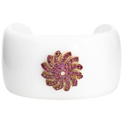 Estate White Ceramic Wide Cuff Bracelet Ruby Diamond 14 Karat Gold Jewelry