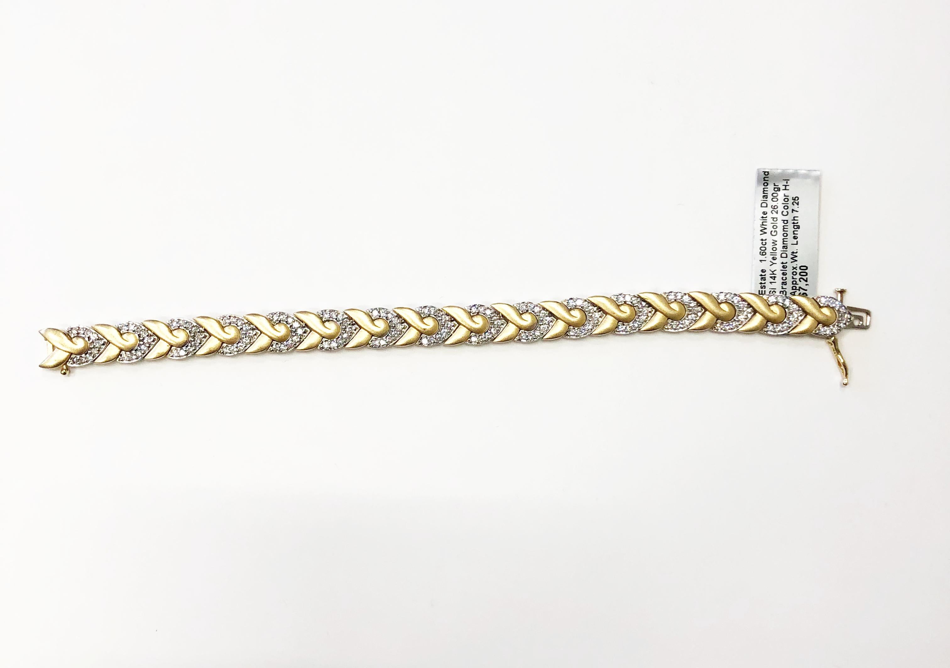 Beautiful estate diamond and gold bracelet showcasing 1.60 carats of white H/I diamonds and approximately 26 grams of gold.  Length is 7.25 inches.  This bracelet is flexible and the design is wearable everyday.  Stack it with other bracelets, a
