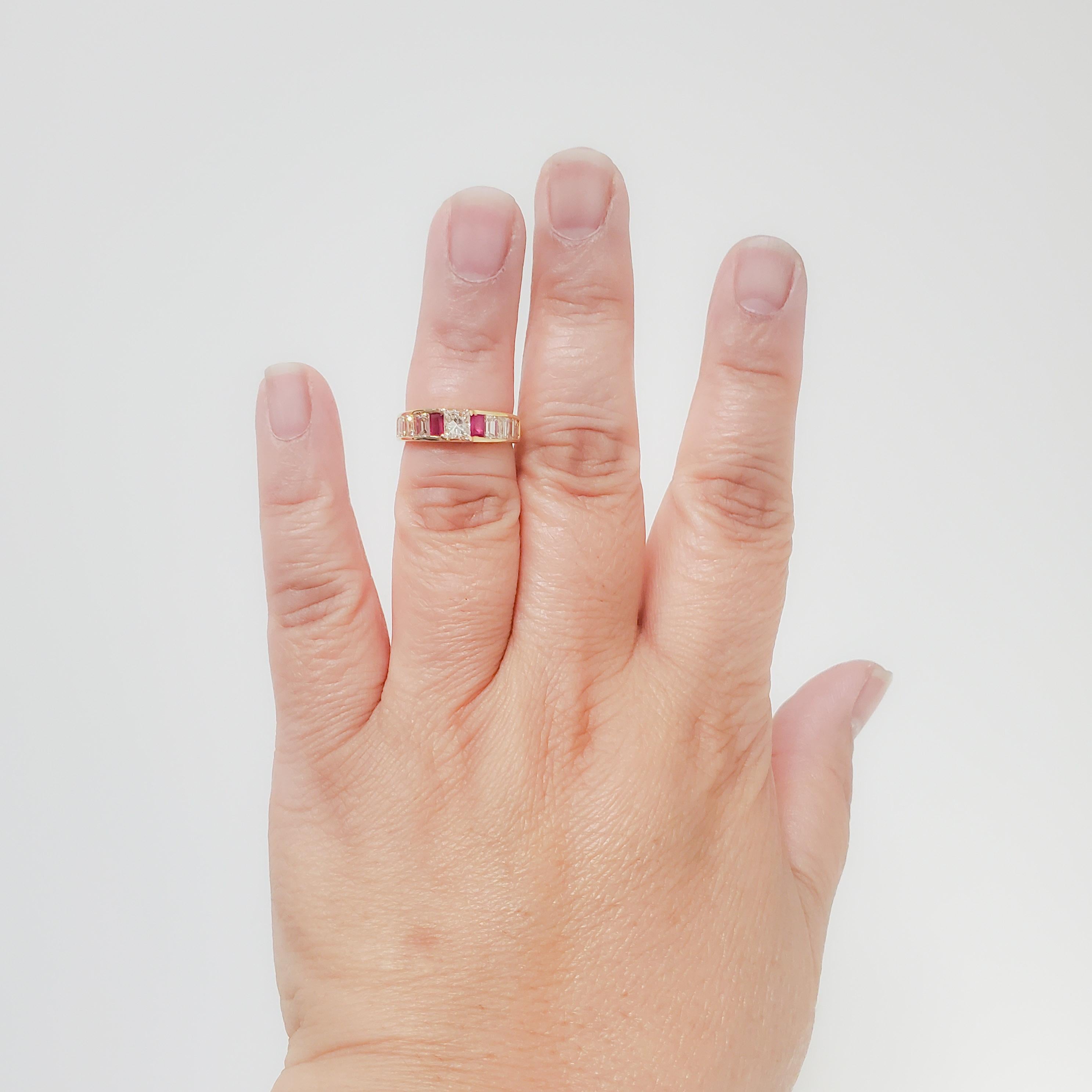 Gorgeous 1.50 ct. white diamond square and baguettes with 0.25 ct. ruby baguettes band ring.  Handmade in 18k yellow gold, size 5.75.