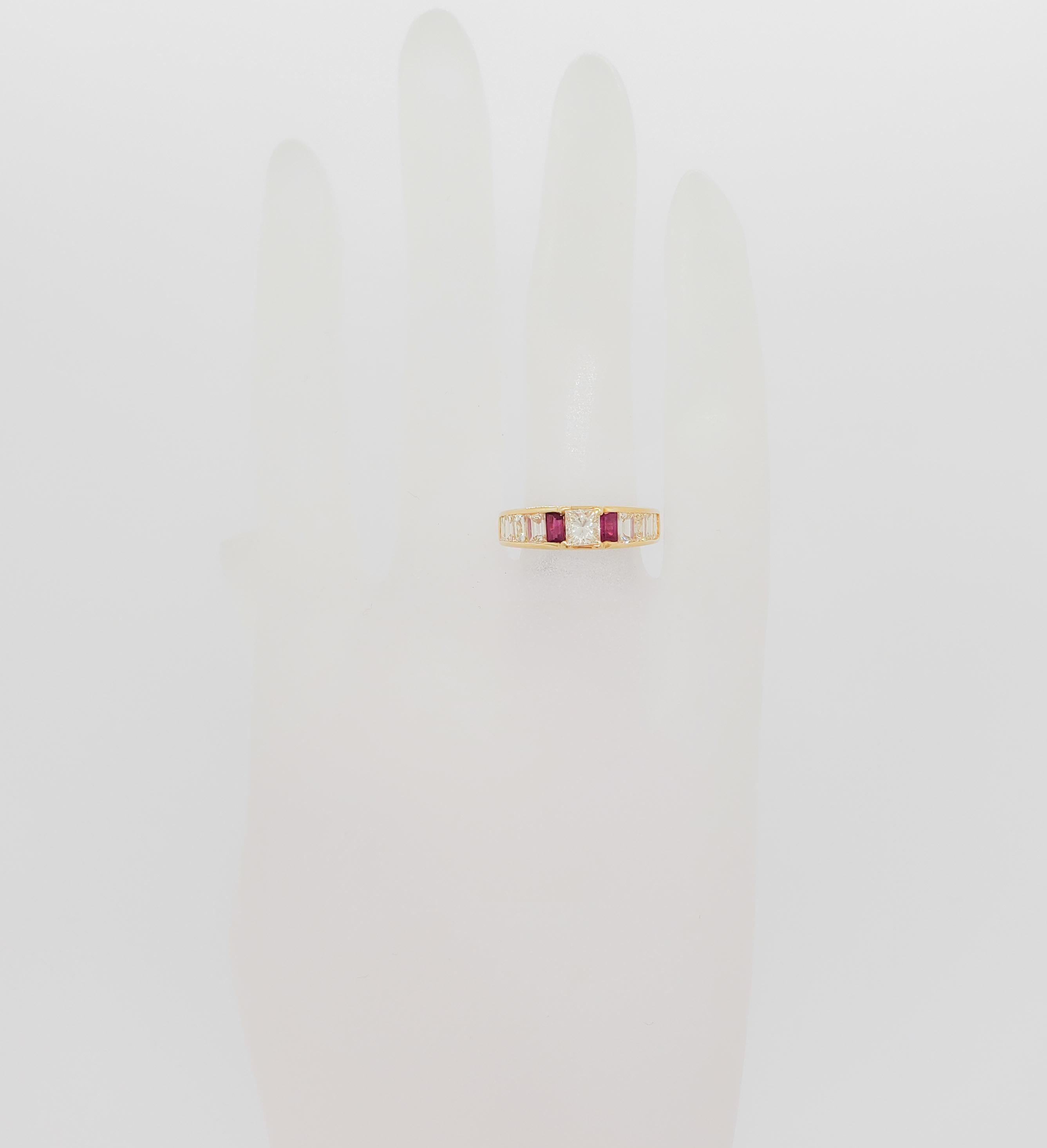 Square Cut Estate White Diamond and Ruby Baguette Band Ring in 18k Yellow Gold