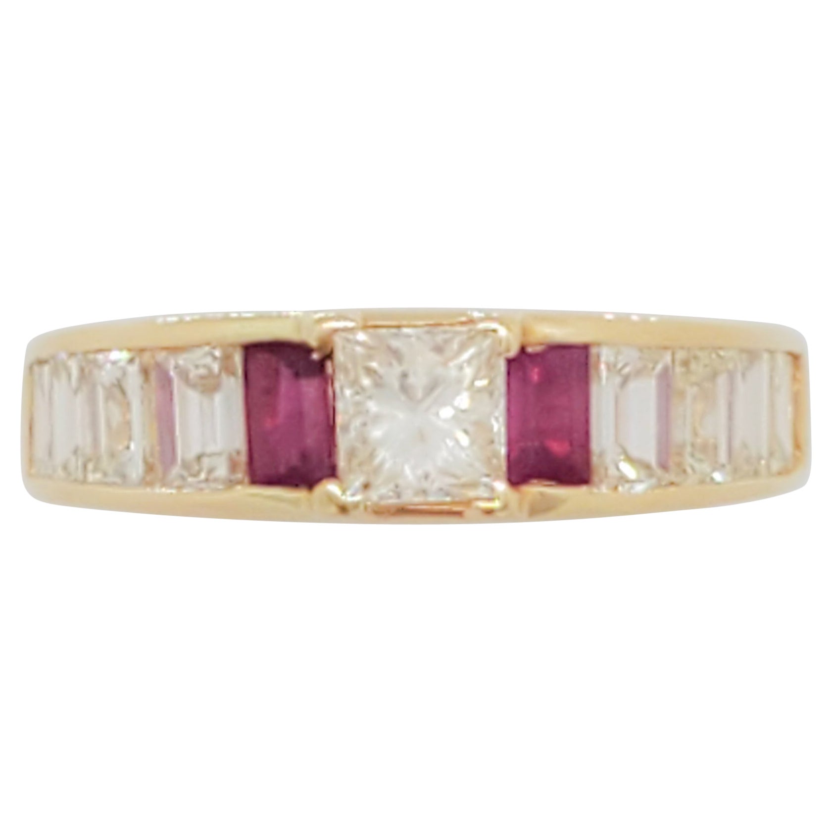 Estate White Diamond and Ruby Baguette Band Ring in 18k Yellow Gold