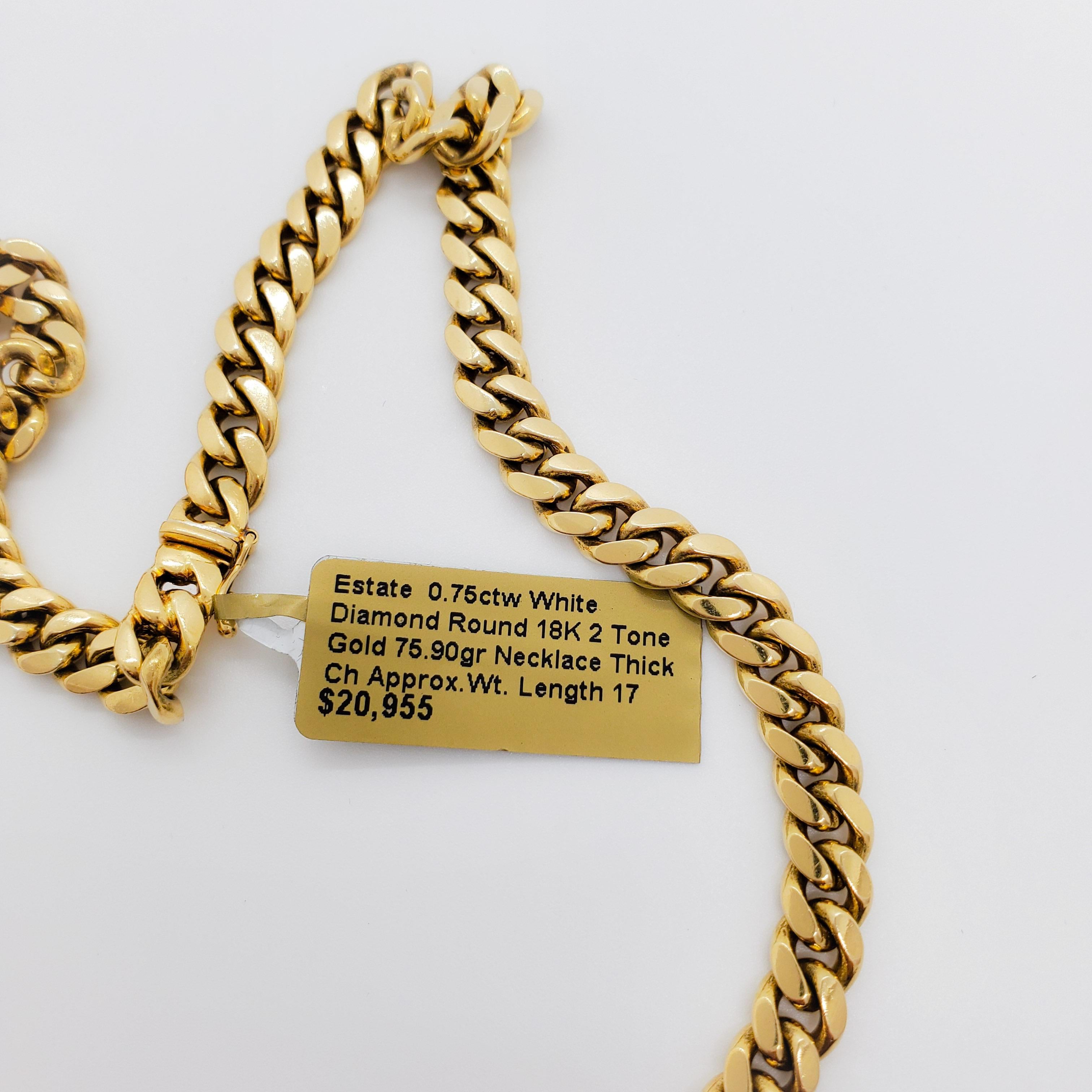 Estate White Diamond and Thick Gold Chain Necklace in 18k White and