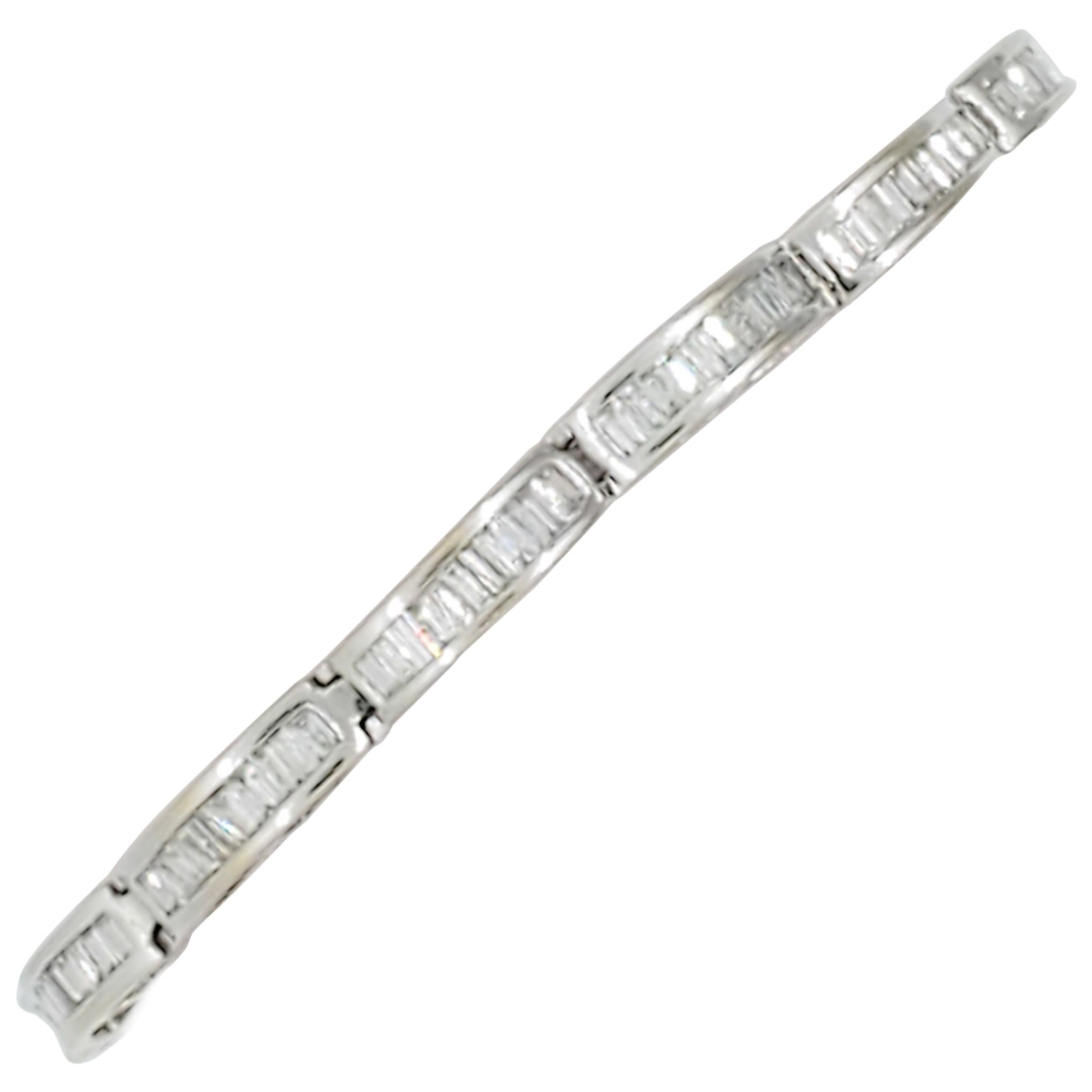 Estate White Diamond Baguette Bracelet in 14 Karat White Gold with Safety Chain