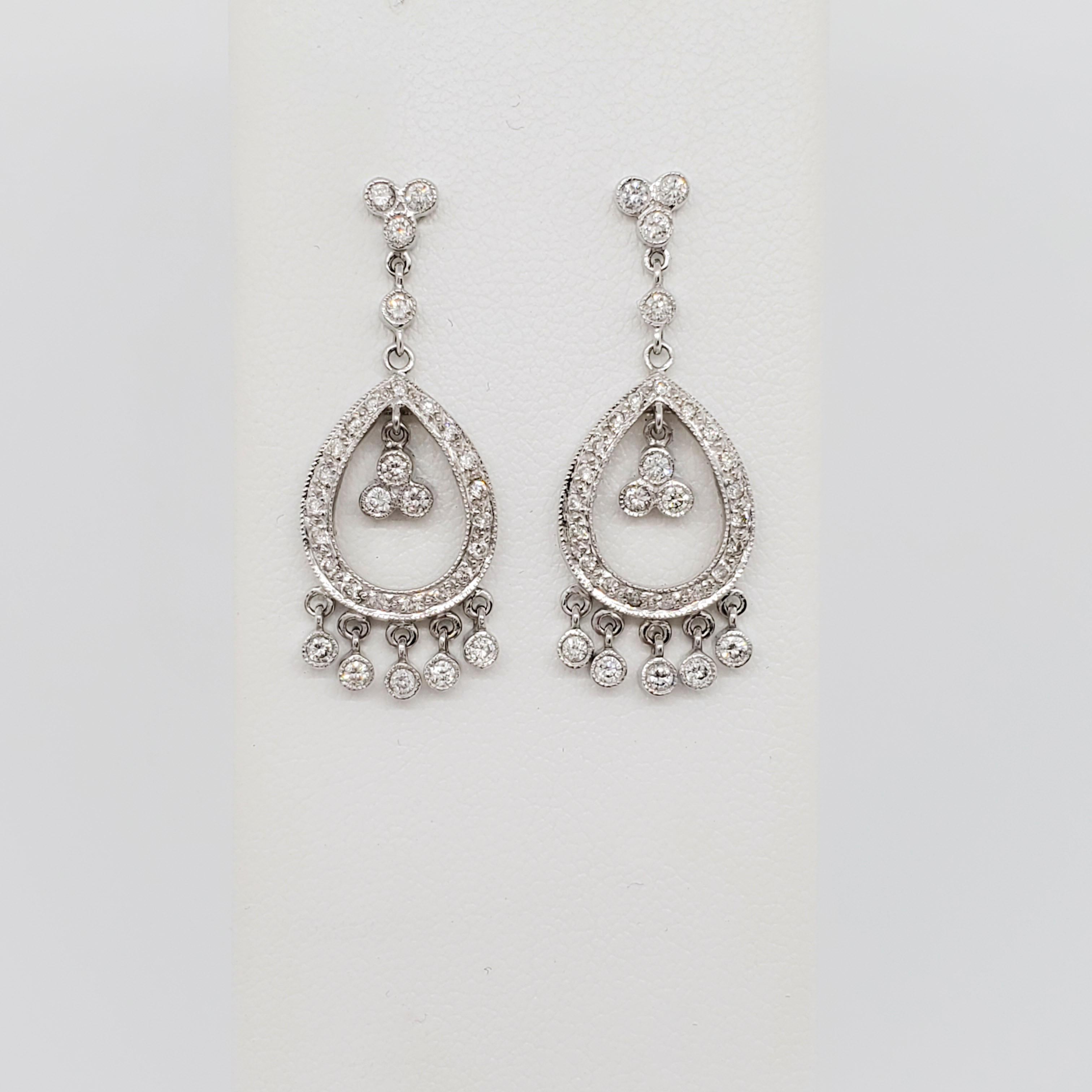 Round Cut White Diamond Chandelier Earrings in 18k White Gold For Sale