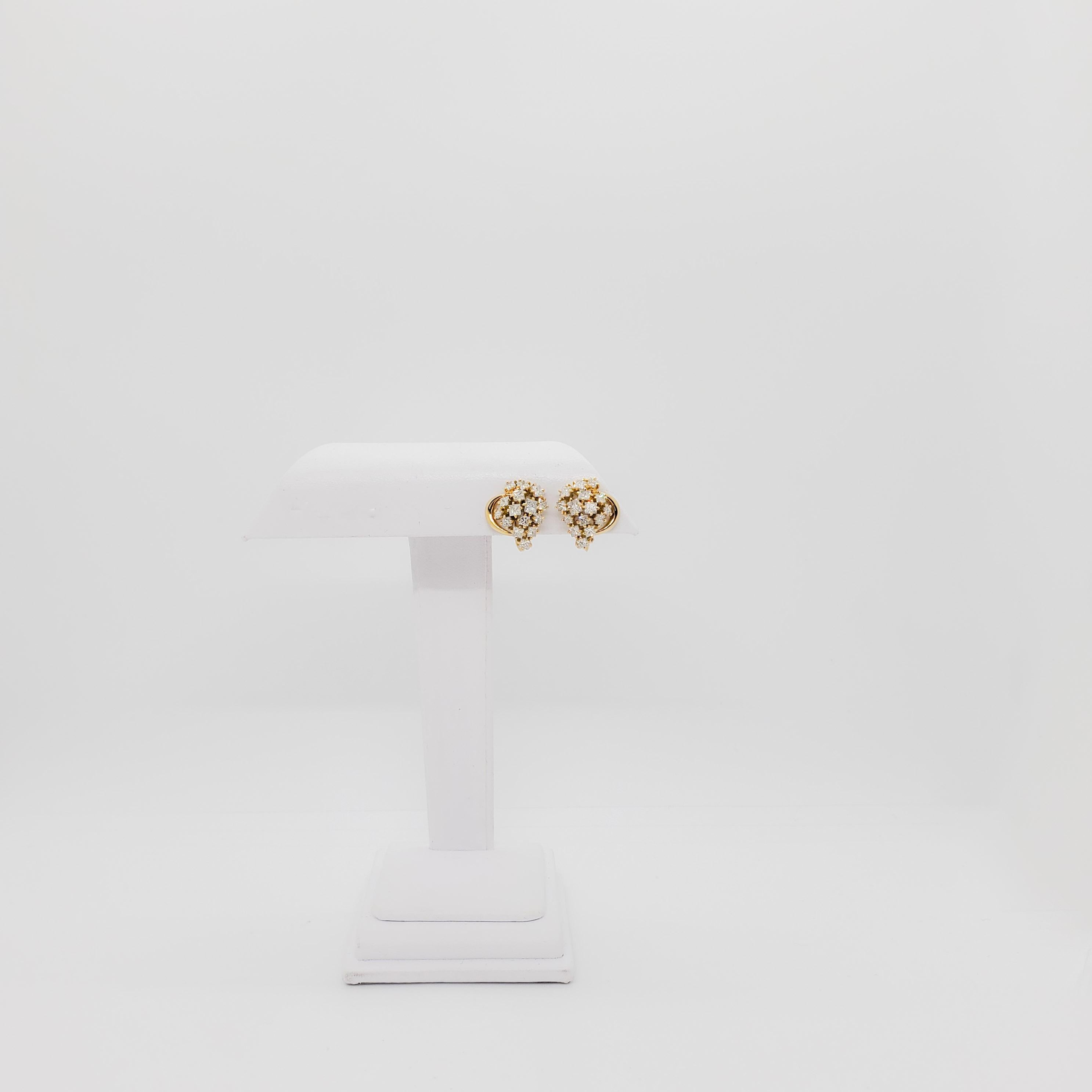 Women's or Men's White Diamond Cluster Earrings in 18k Yellow Gold For Sale