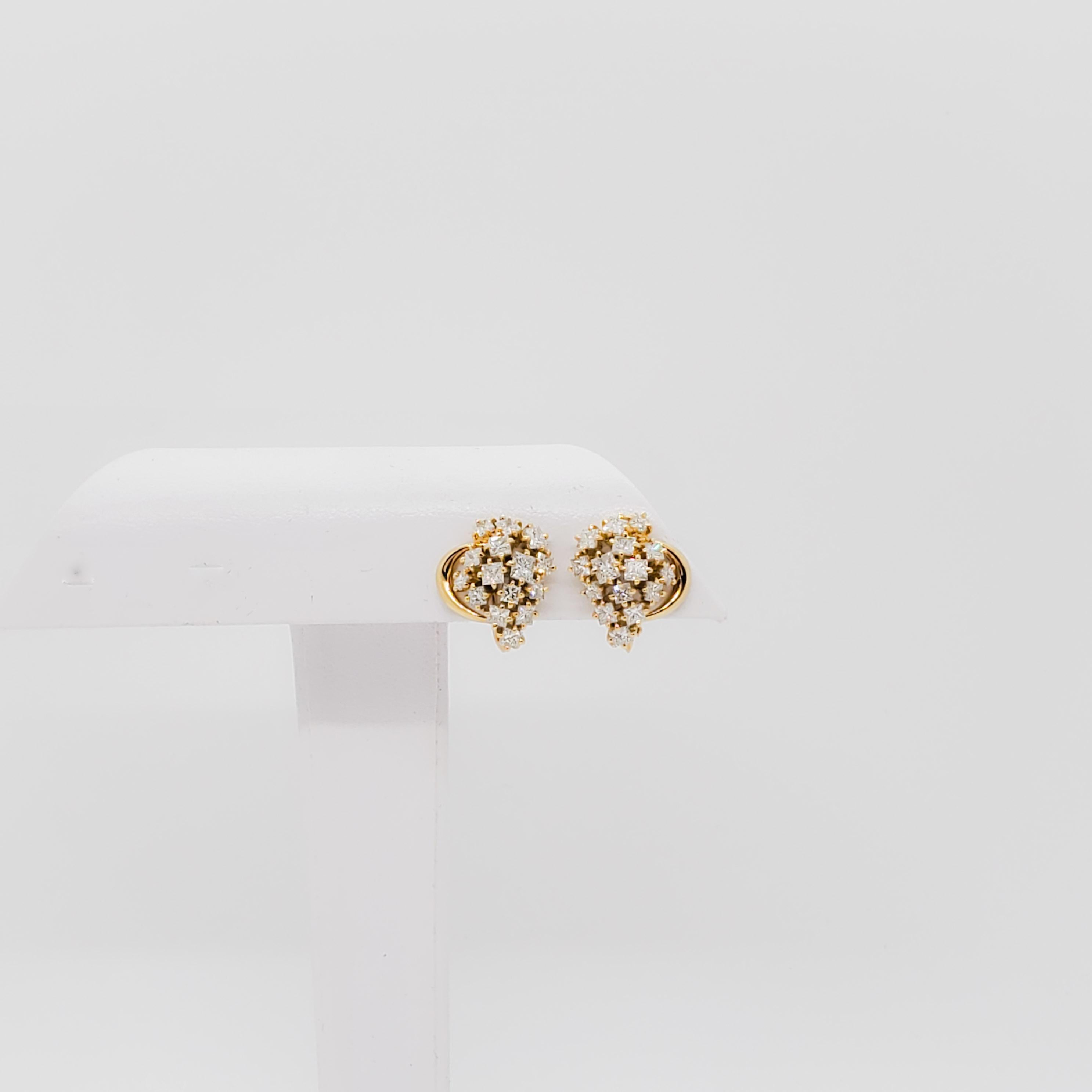 White Diamond Cluster Earrings in 18k Yellow Gold For Sale 2