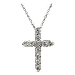 Estate White Diamond Cross Pendant Necklace in 14k White Gold