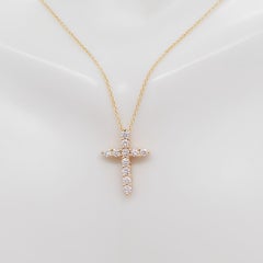 Estate White Diamond Cross Pendant Necklace in 14k Yellow Gold