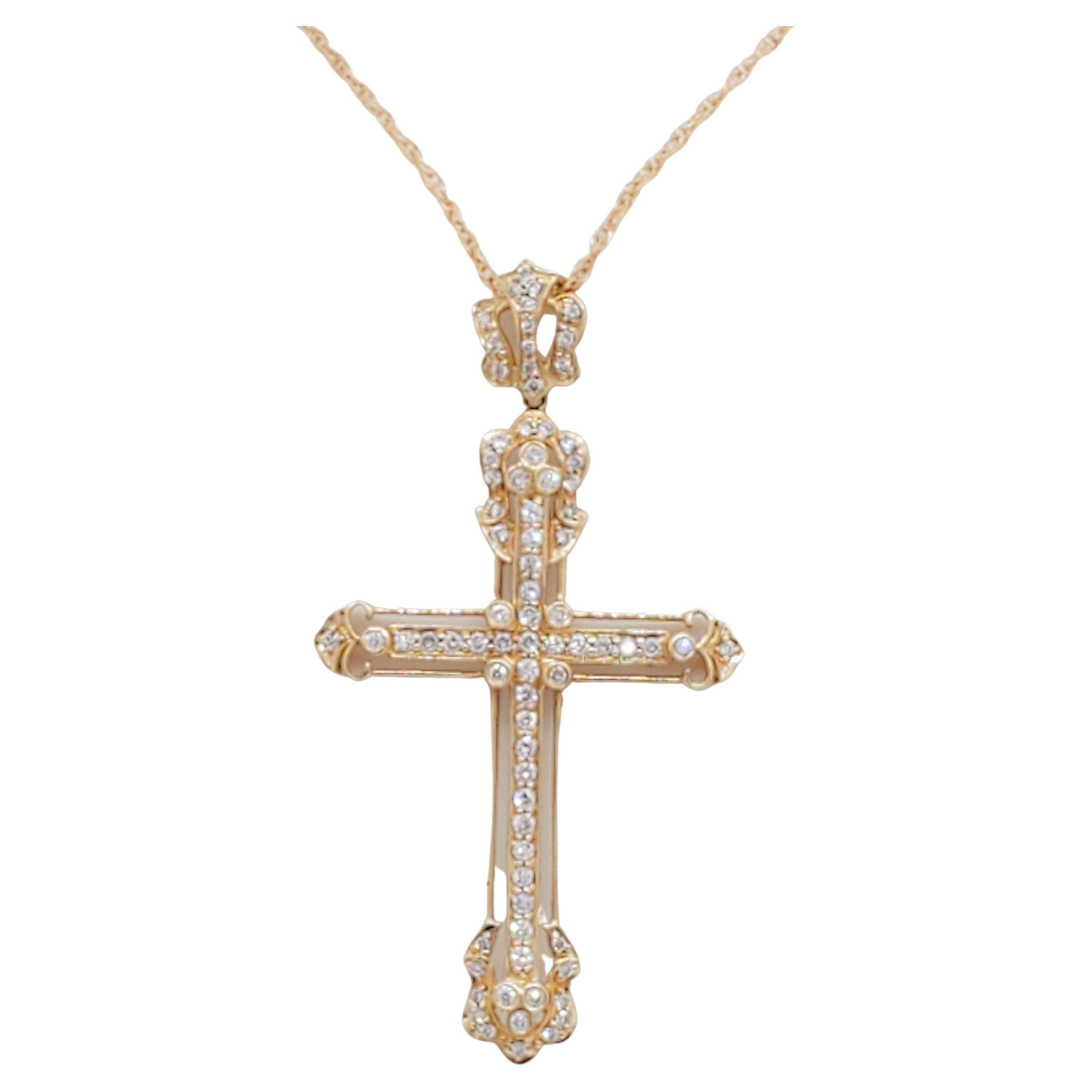 Estate White Diamond Cross Pendant Necklace in 14k Yellow Gold