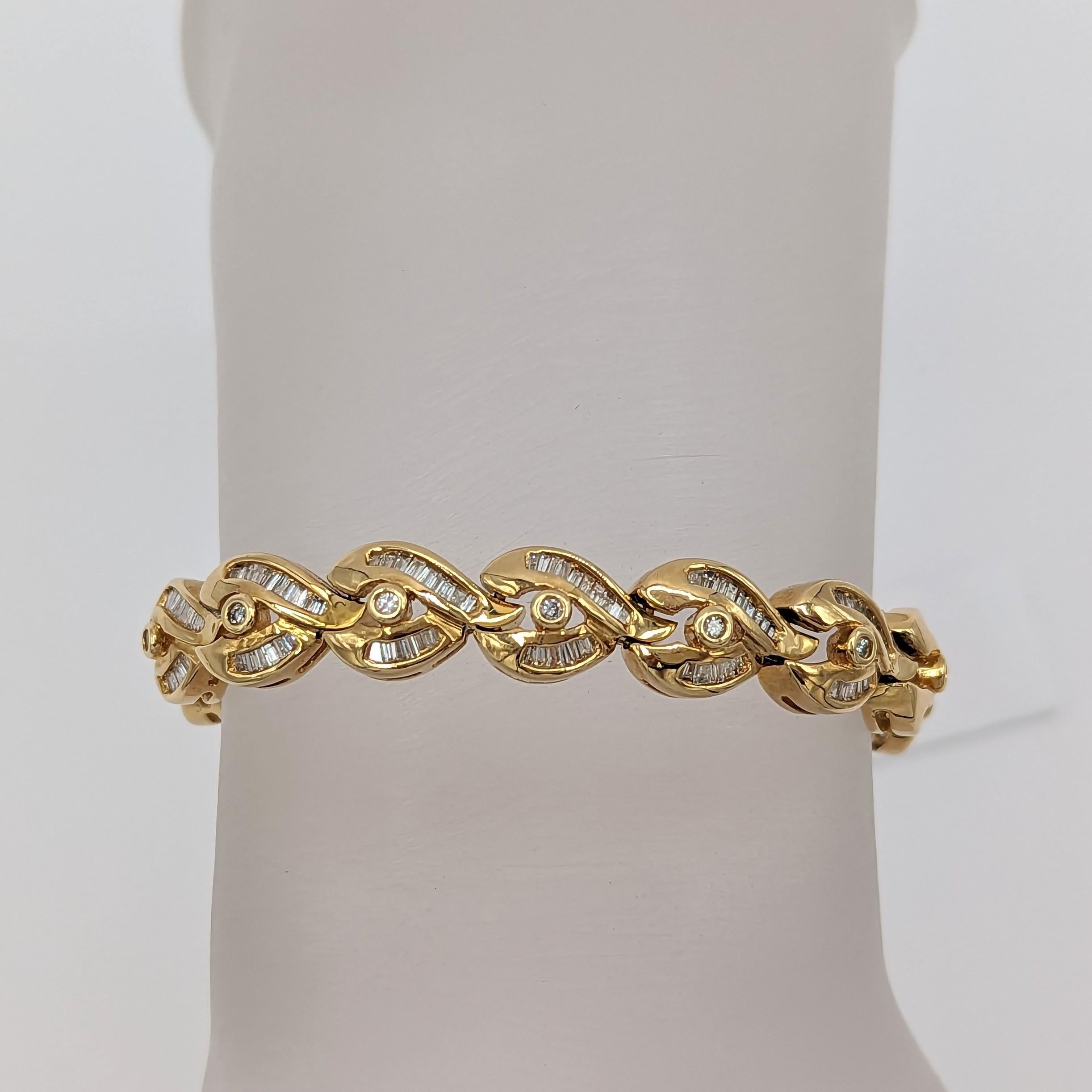 Baguette Cut White Diamond Design Bracelet in 18 Karat Yellow Gold