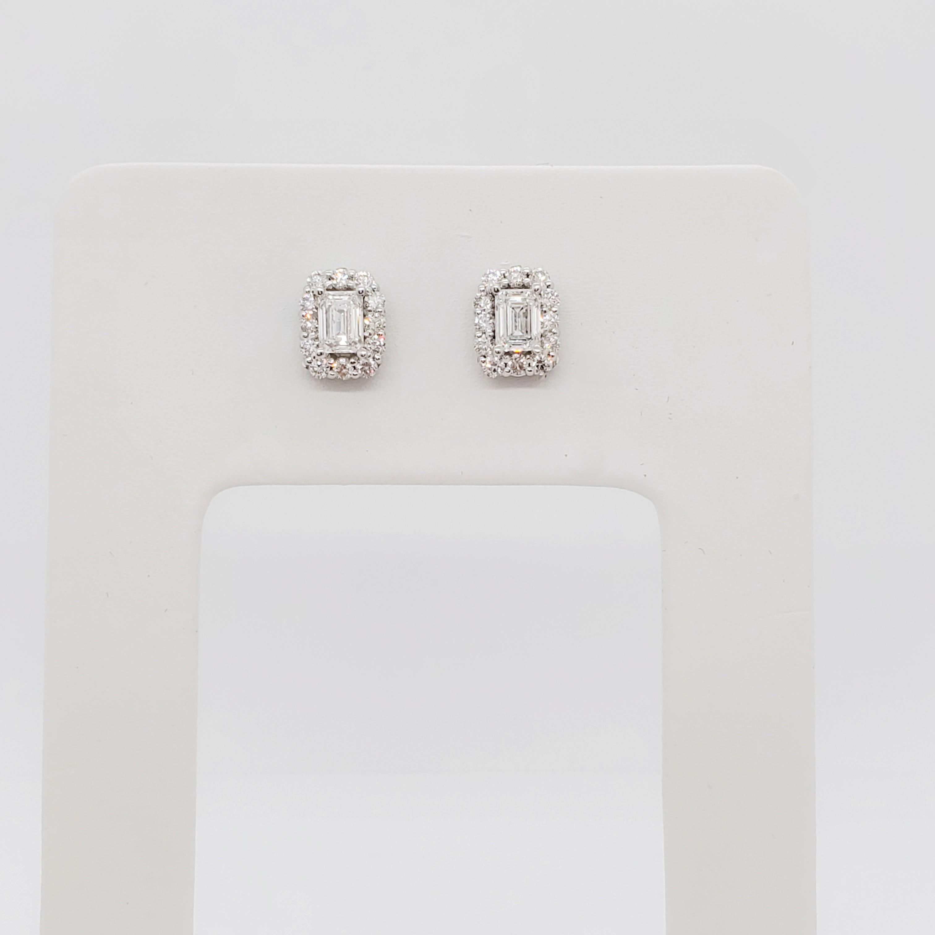 Women's or Men's Estate White Diamond Emerald Cut Studs in 14k White Gold