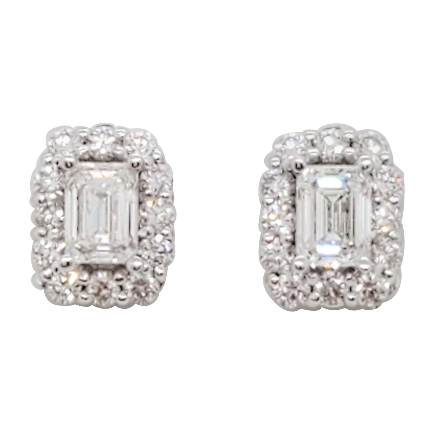 Estate White Diamond Emerald Cut Studs in 14k White Gold