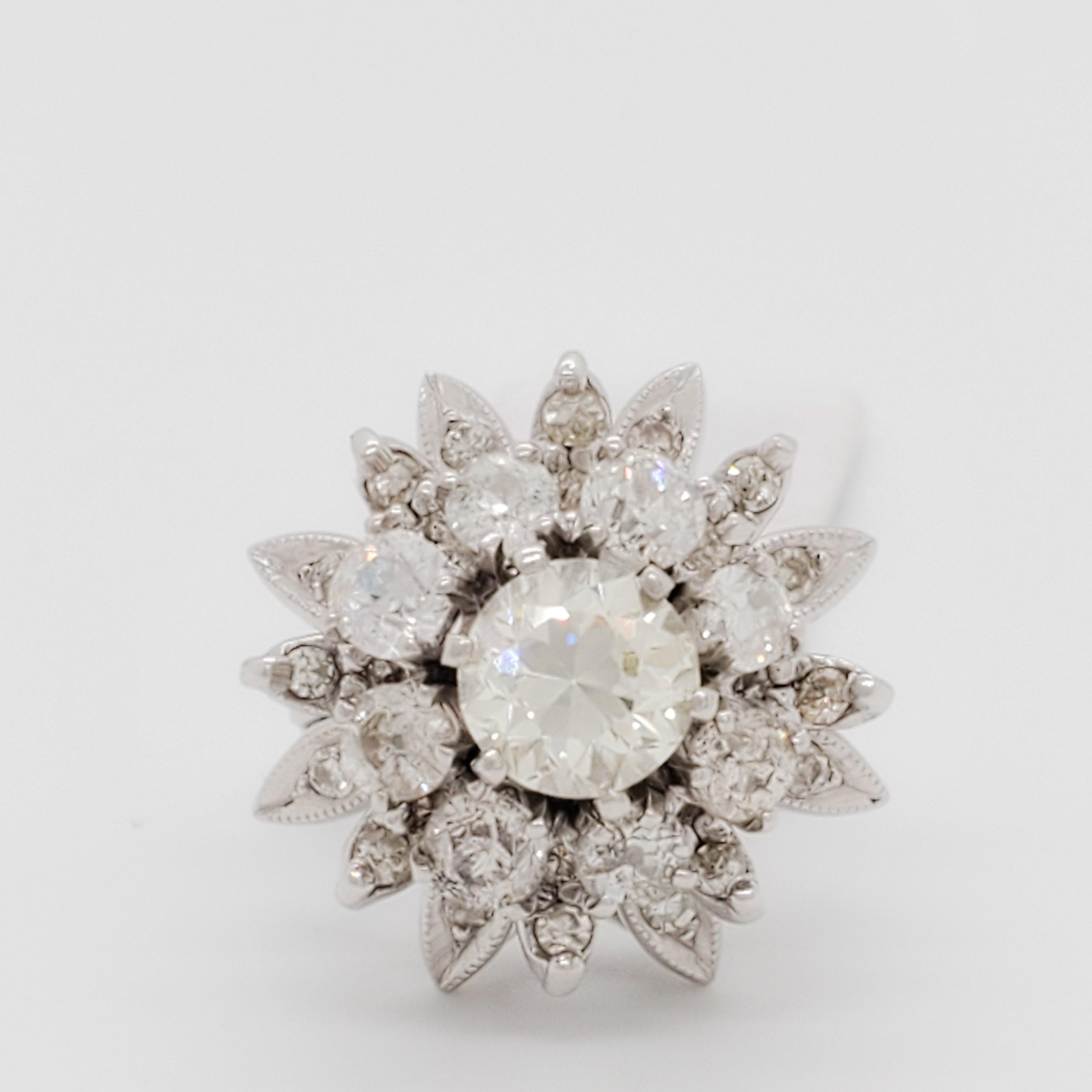 Round Cut Estate White Diamond Floral Cluster Ring in Platinum