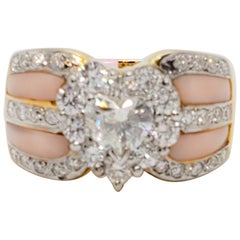 Estate White Diamond Heart Shape and Coral Ring in 18 Karat Yellow Gold