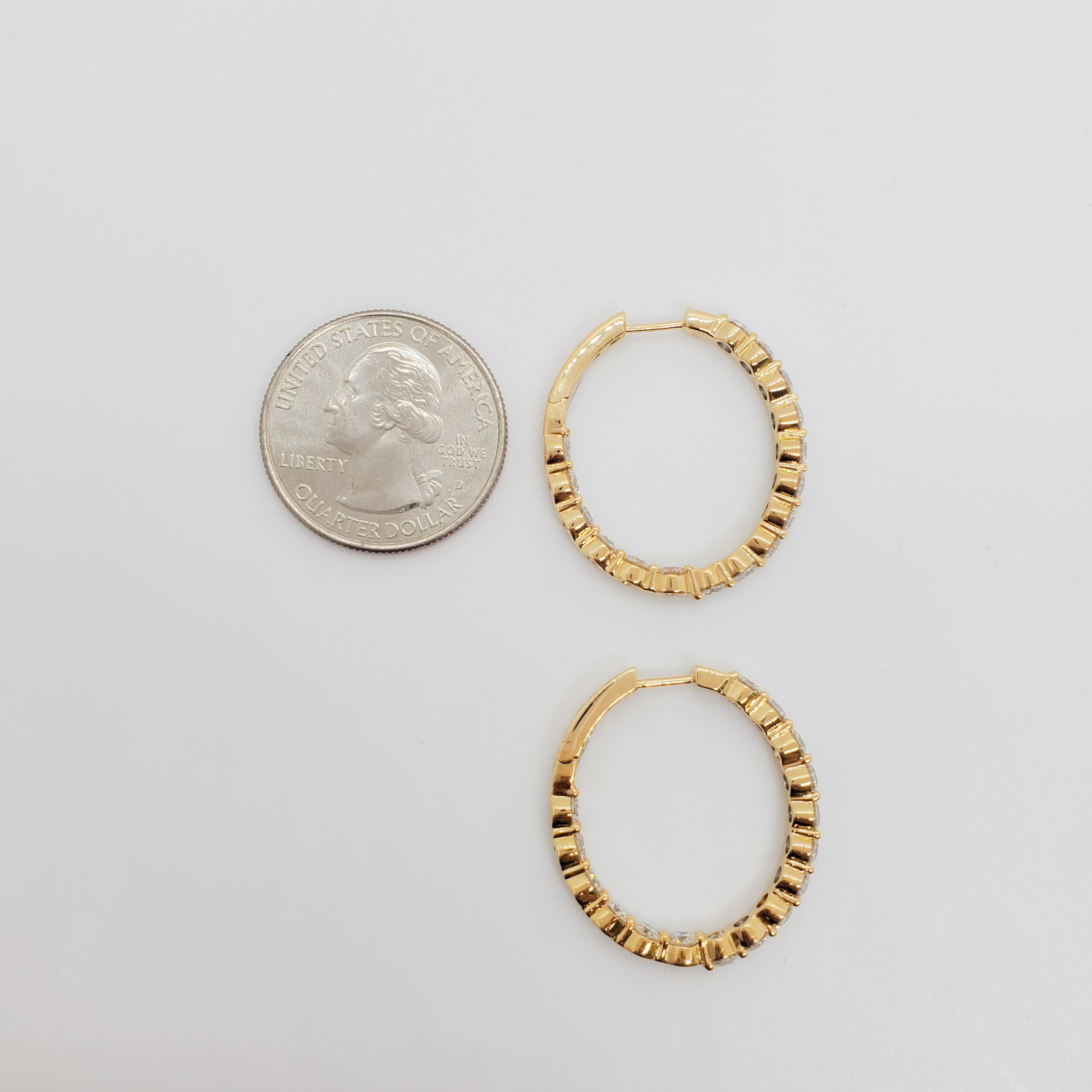 Round Cut  White Diamond Hoops in 18k Yellow Gold For Sale