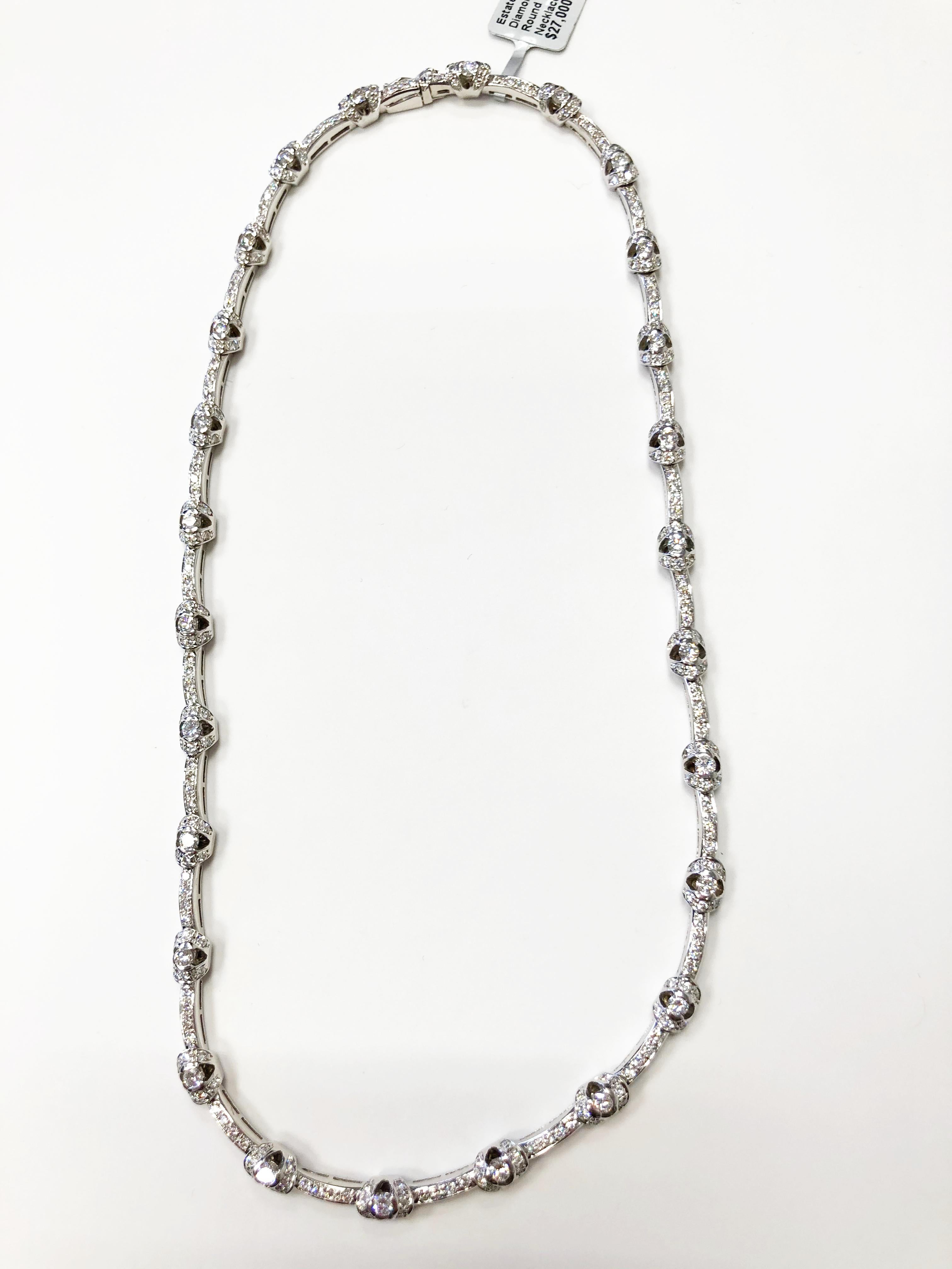 Beautiful estate white diamond necklace with 8.40 carats of good quality, white, and bright diamond rounds. Handmade 18k white gold mounting. Flexible and easy to wear design makes this piece good for everyday or for a special occasion. 17” length.