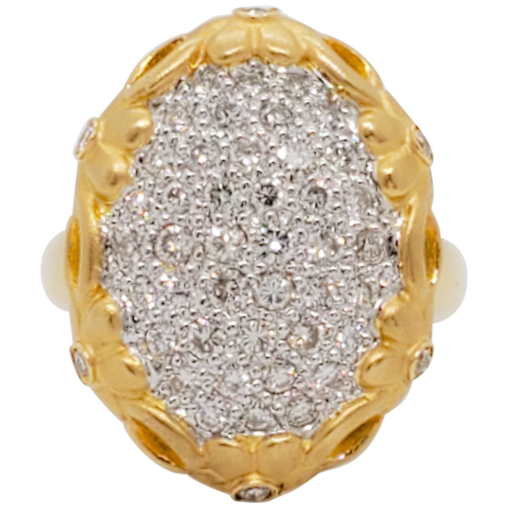 Estate White Diamond Pave Cocktail Ring in 18 Karat Yellow Gold