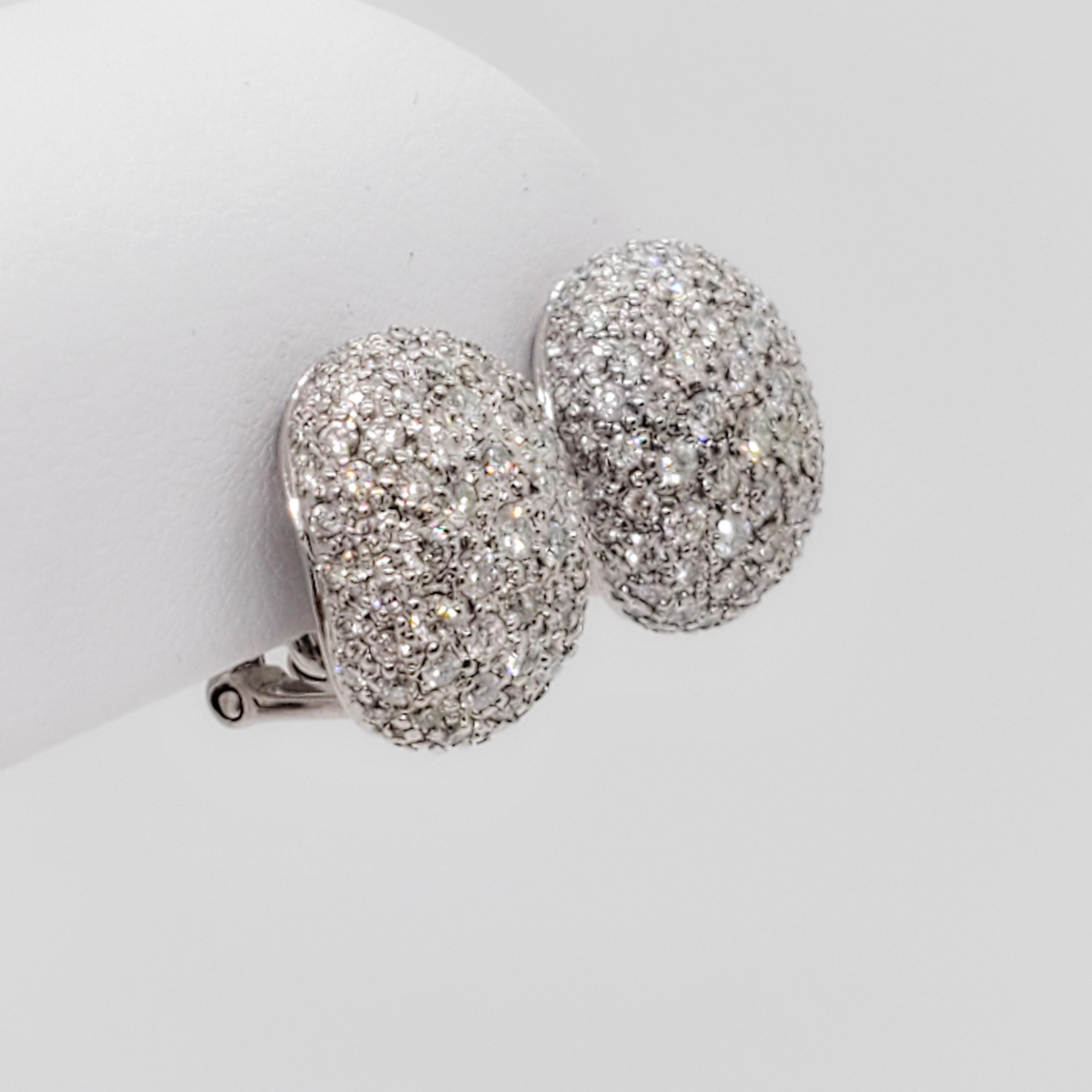Round Cut White Diamond Pave Earrings in 18k White Gold For Sale