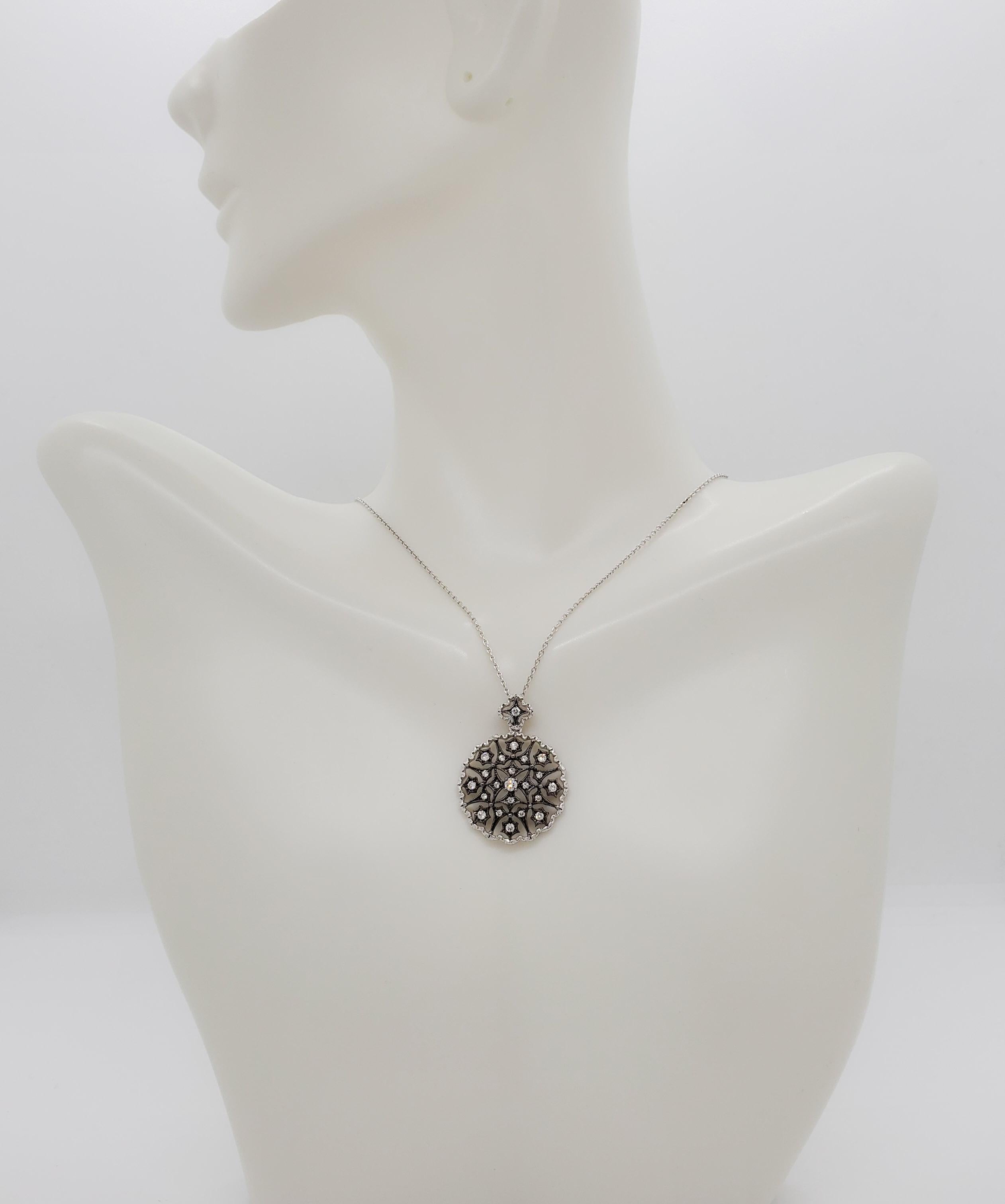 Round Cut White Diamond Pendant Necklace in 18k White Gold and Black Rhodium For Sale