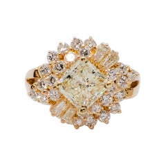 Estate White Diamond Radiant, Round, and Baguette Cluster Ring in 18k Rose Gold