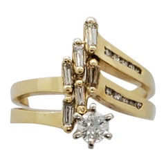 Estate White Diamond Round and Baguette Wedding Ring Set in 14 Karat Gold