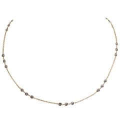 Estate White Diamond Round Chain Necklace in 18 Karat Yellow Gold