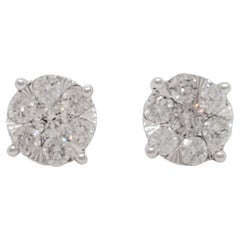 Estate White Diamond Round Cluster Studs in 14k White Gold