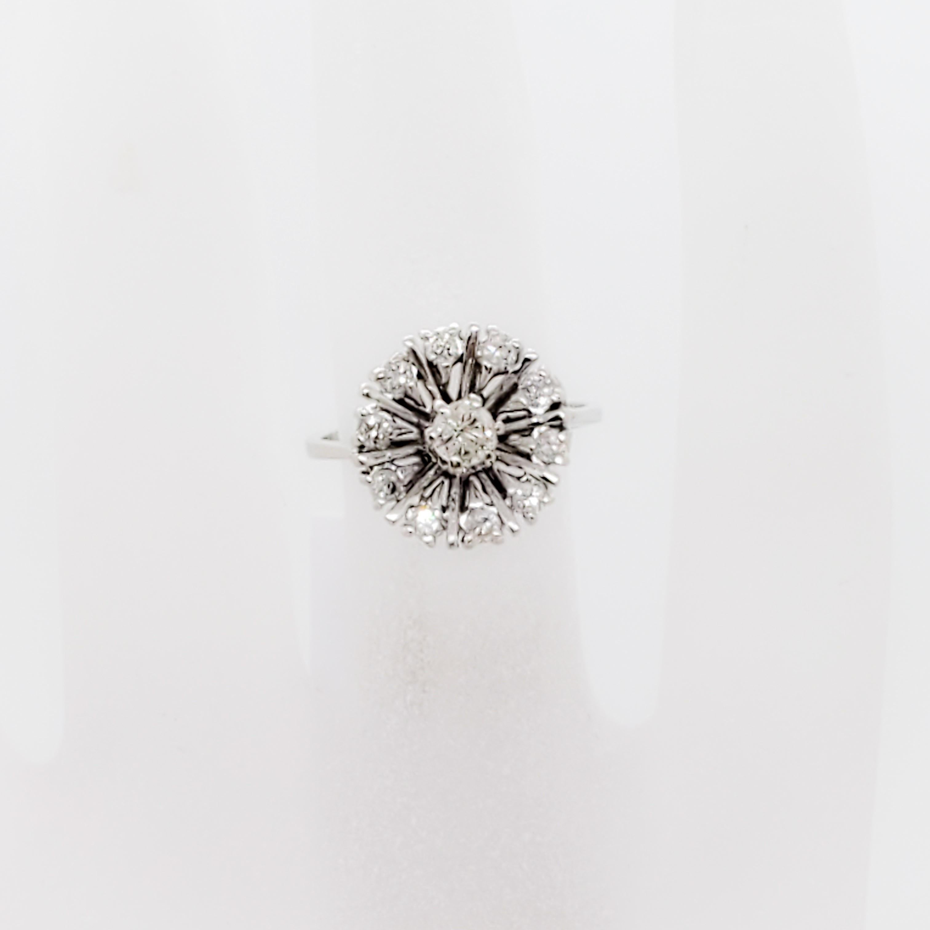 Round Cut Estate White Diamond Round Flower Ring in 14 Karat White Gold