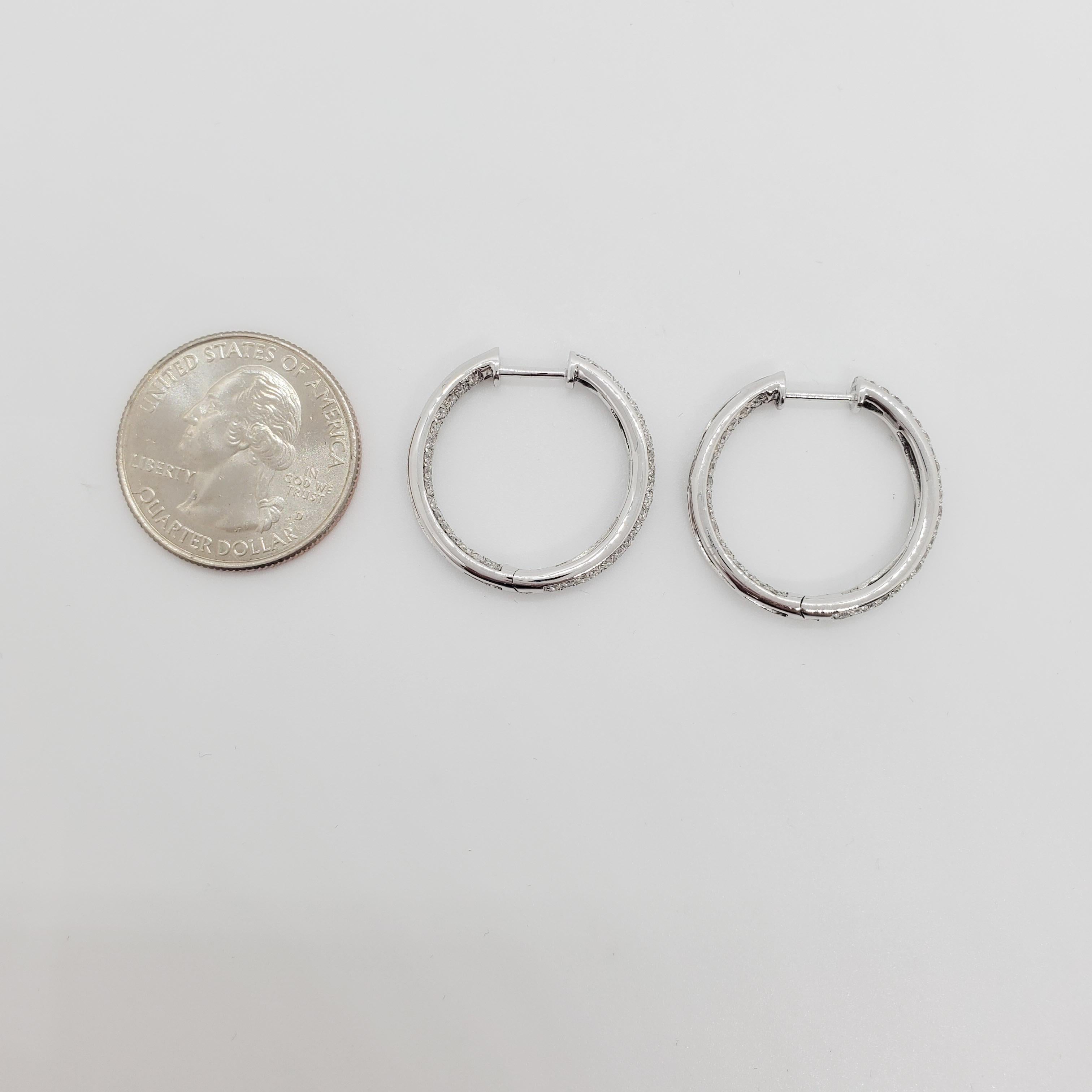 Round Cut Estate White Diamond Round Hoops in 18k White Gold For Sale