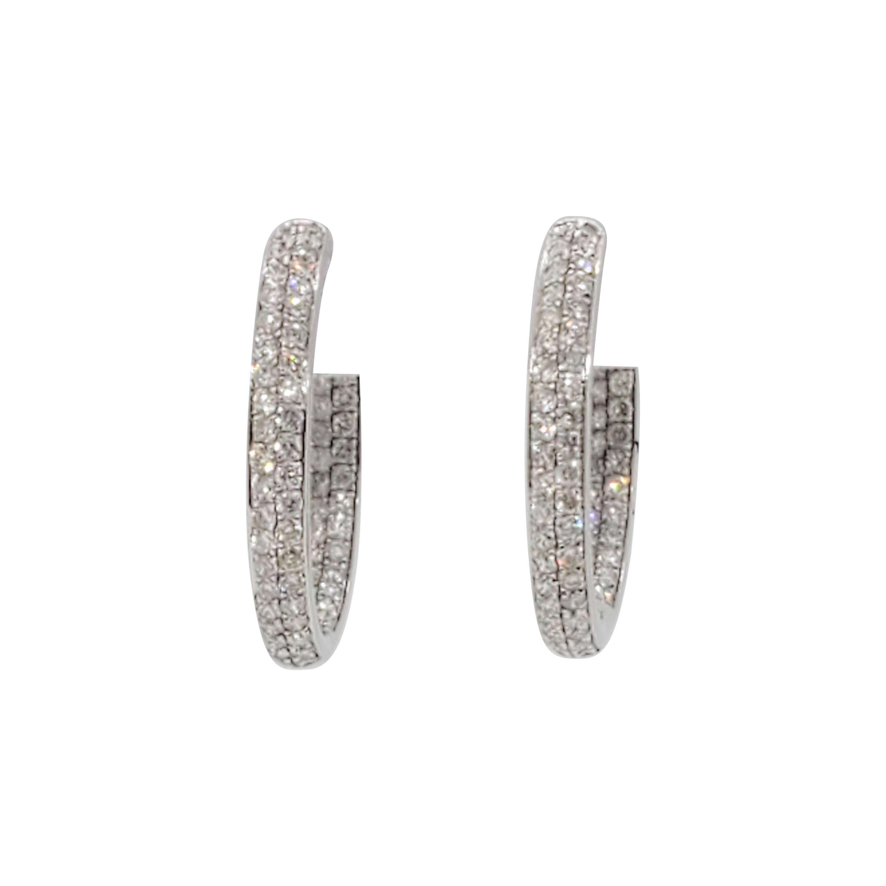 Estate White Diamond Round Hoops in 18k White Gold For Sale