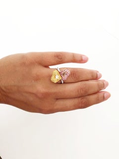 Estate White Diamond, Yellow Sapphire, and Pink Sapphire Cocktail Ring in 18k