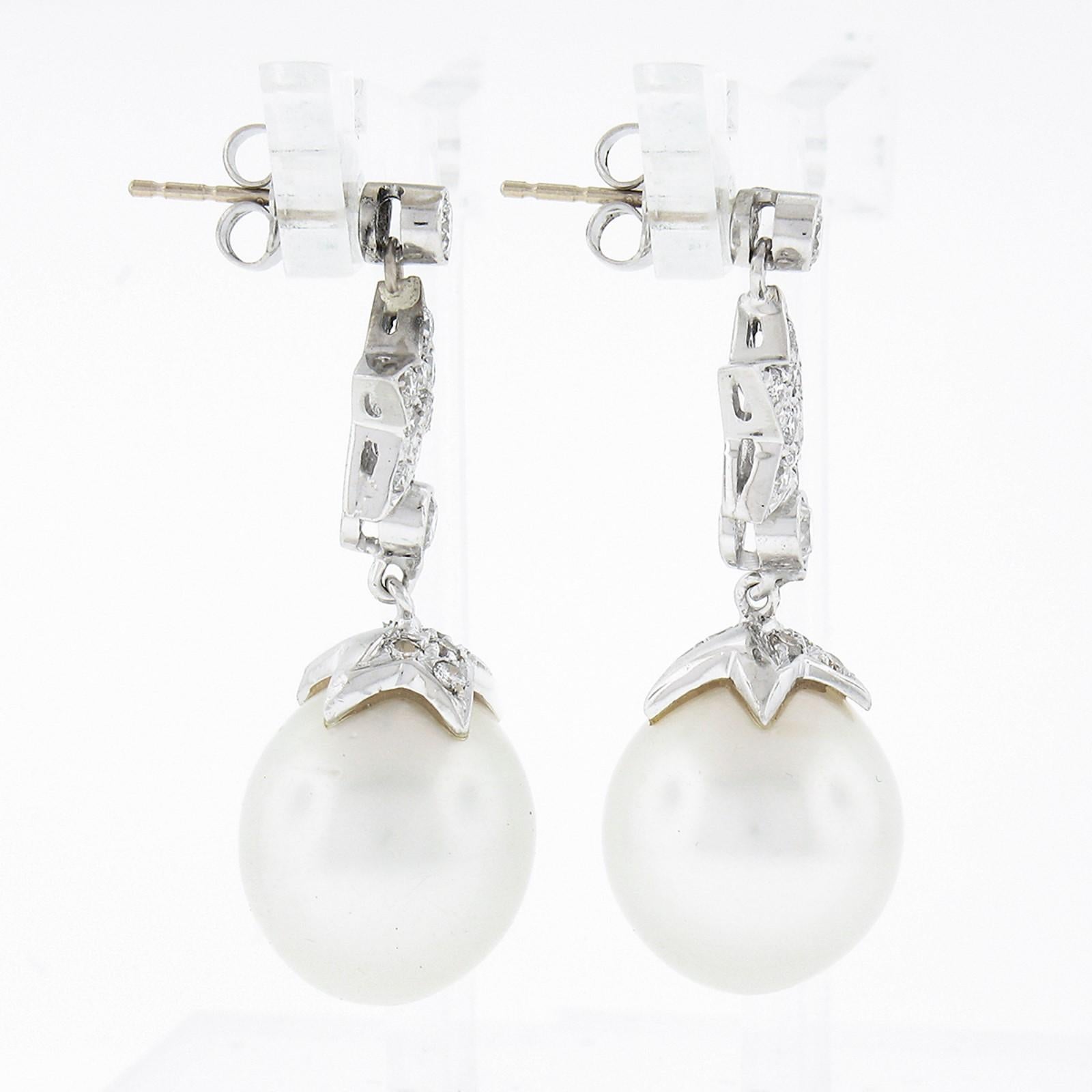 Round Cut Estate White Gold 13mm South Sea Pearl & Star Diamond Fancy Drop Dangle Earrings For Sale