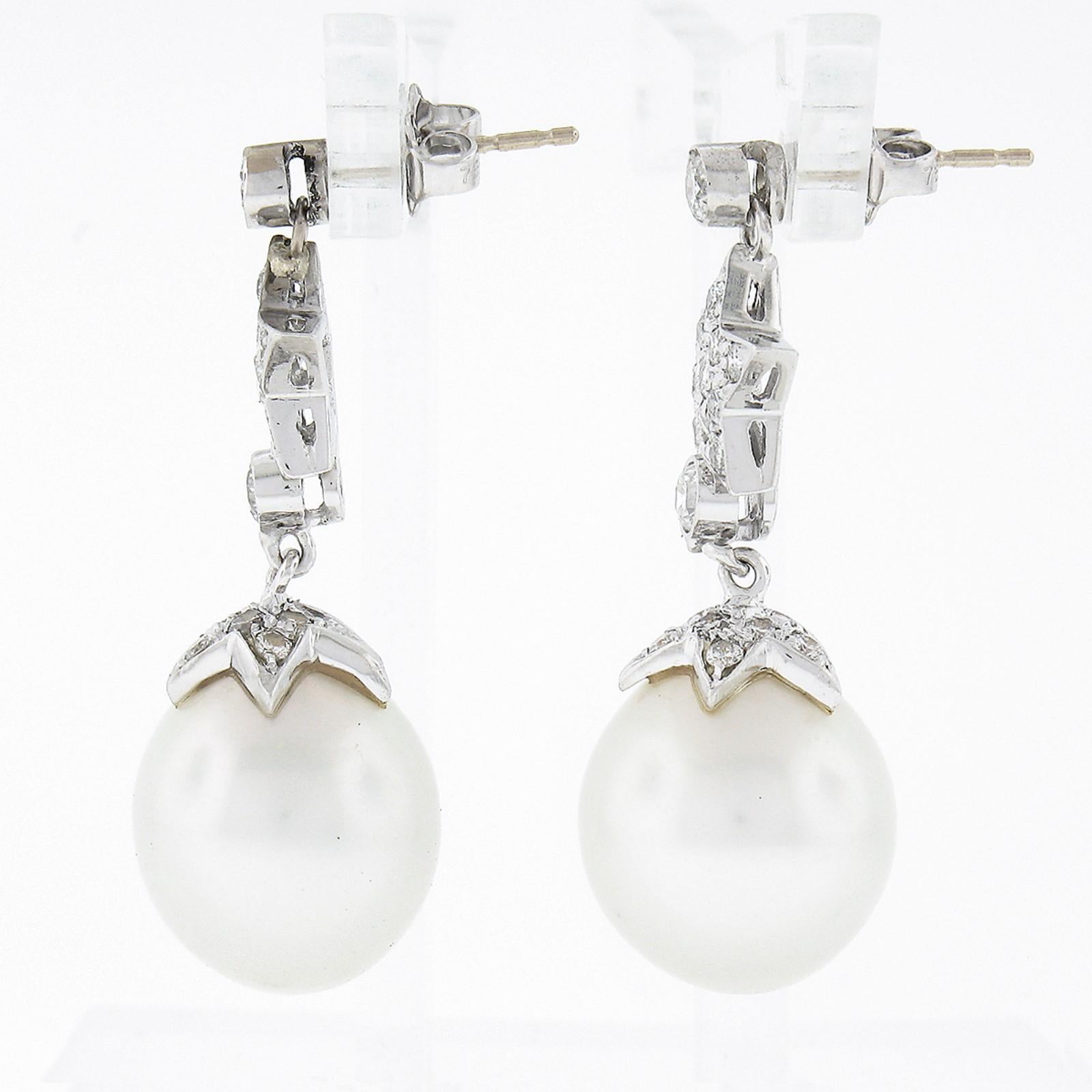 Estate White Gold 13mm South Sea Pearl & Star Diamond Fancy Drop Dangle Earrings In Good Condition For Sale In Montclair, NJ