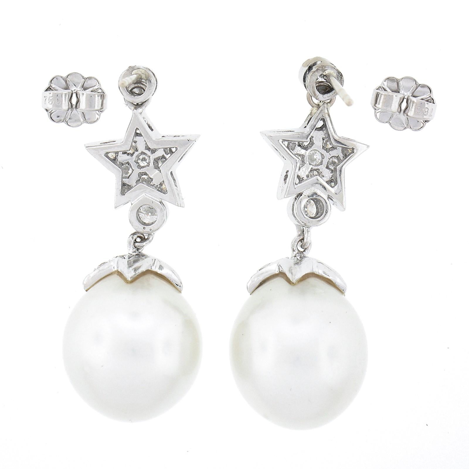 Women's Estate White Gold 13mm South Sea Pearl & Star Diamond Fancy Drop Dangle Earrings For Sale