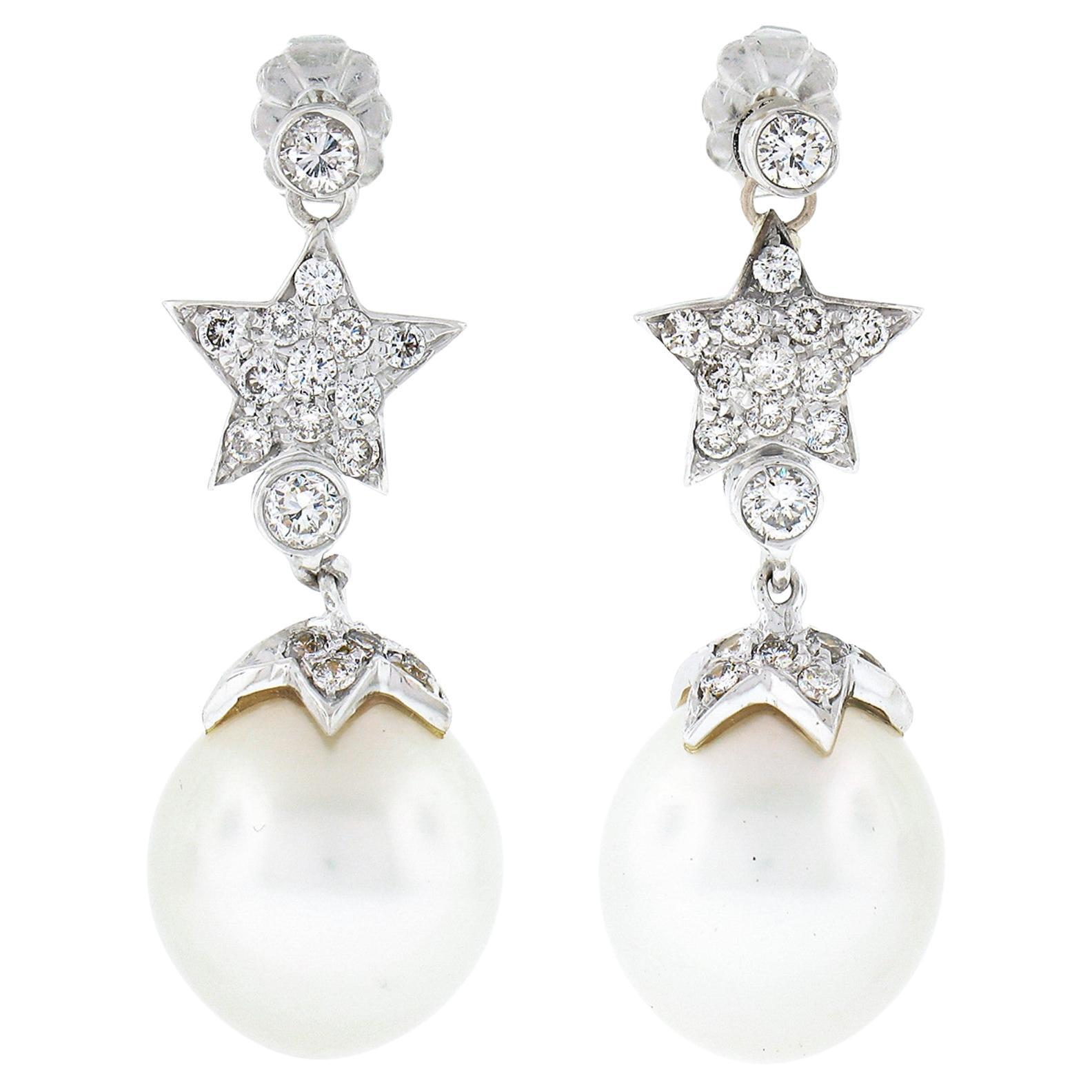 Estate White Gold 13mm South Sea Pearl & Star Diamond Fancy Drop Dangle Earrings For Sale