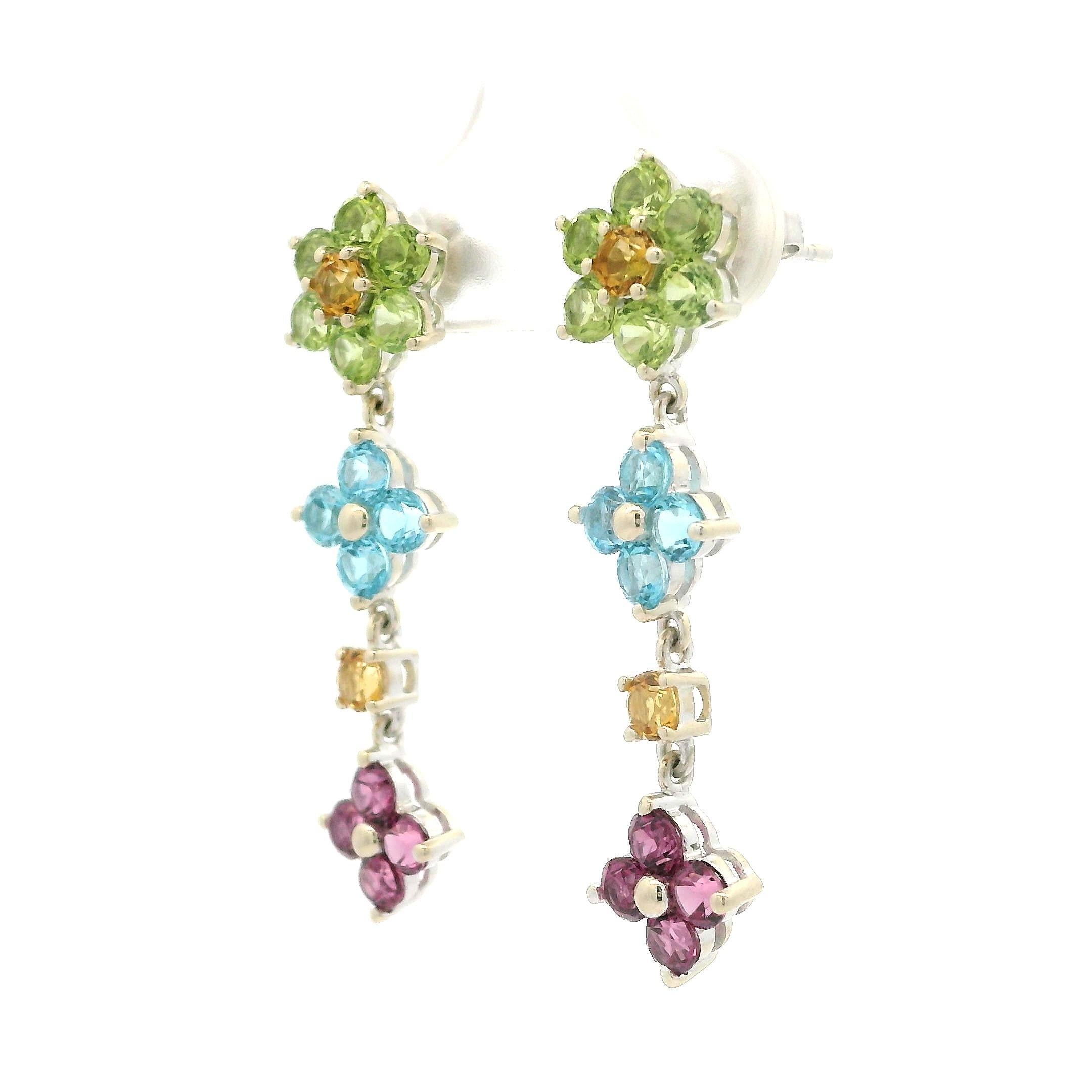 Estate White Gold Natural Colored Stone Flower Cluster Dangle Drop Earring In Excellent Condition For Sale In Montclair, NJ
