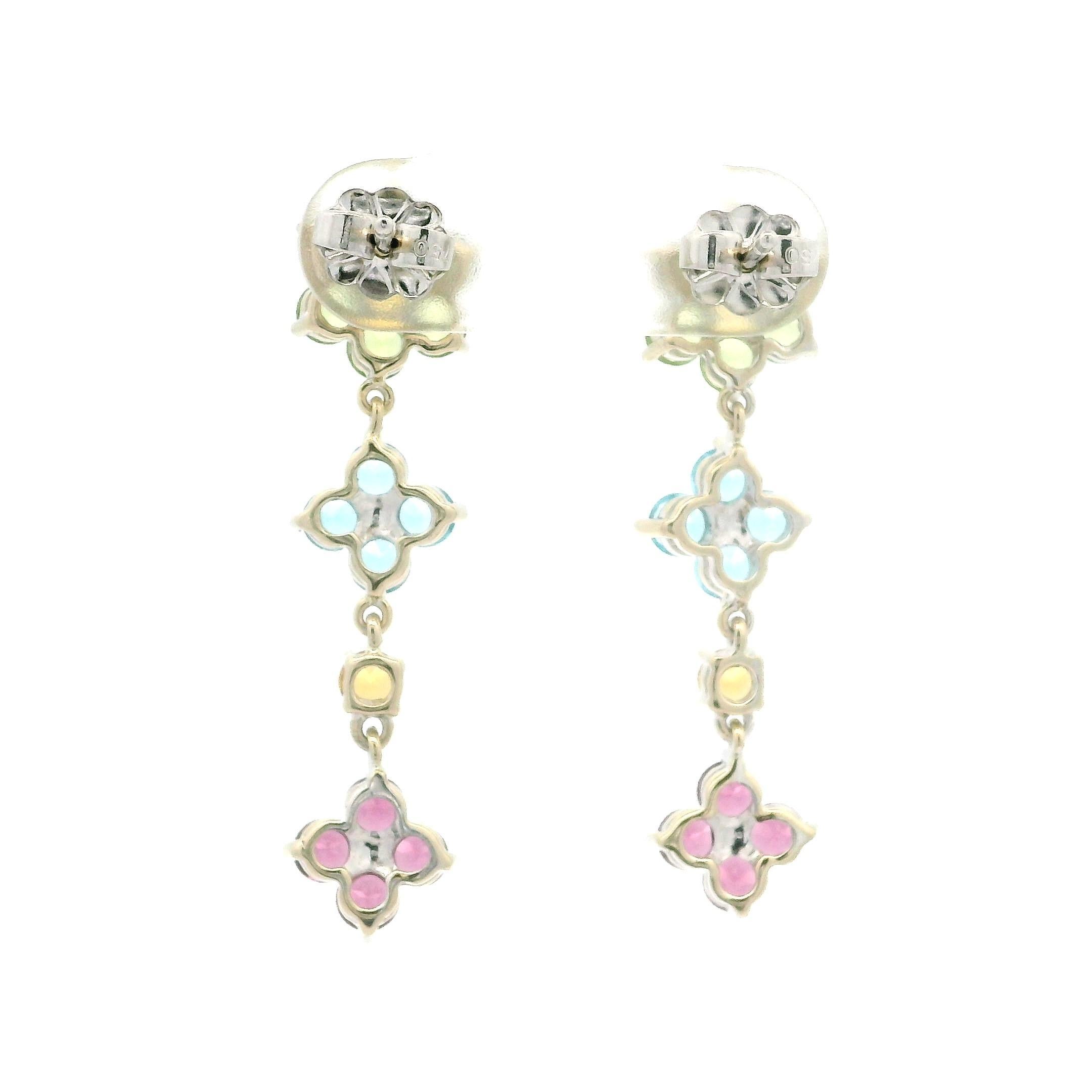 Women's Estate White Gold Natural Colored Stone Flower Cluster Dangle Drop Earring For Sale