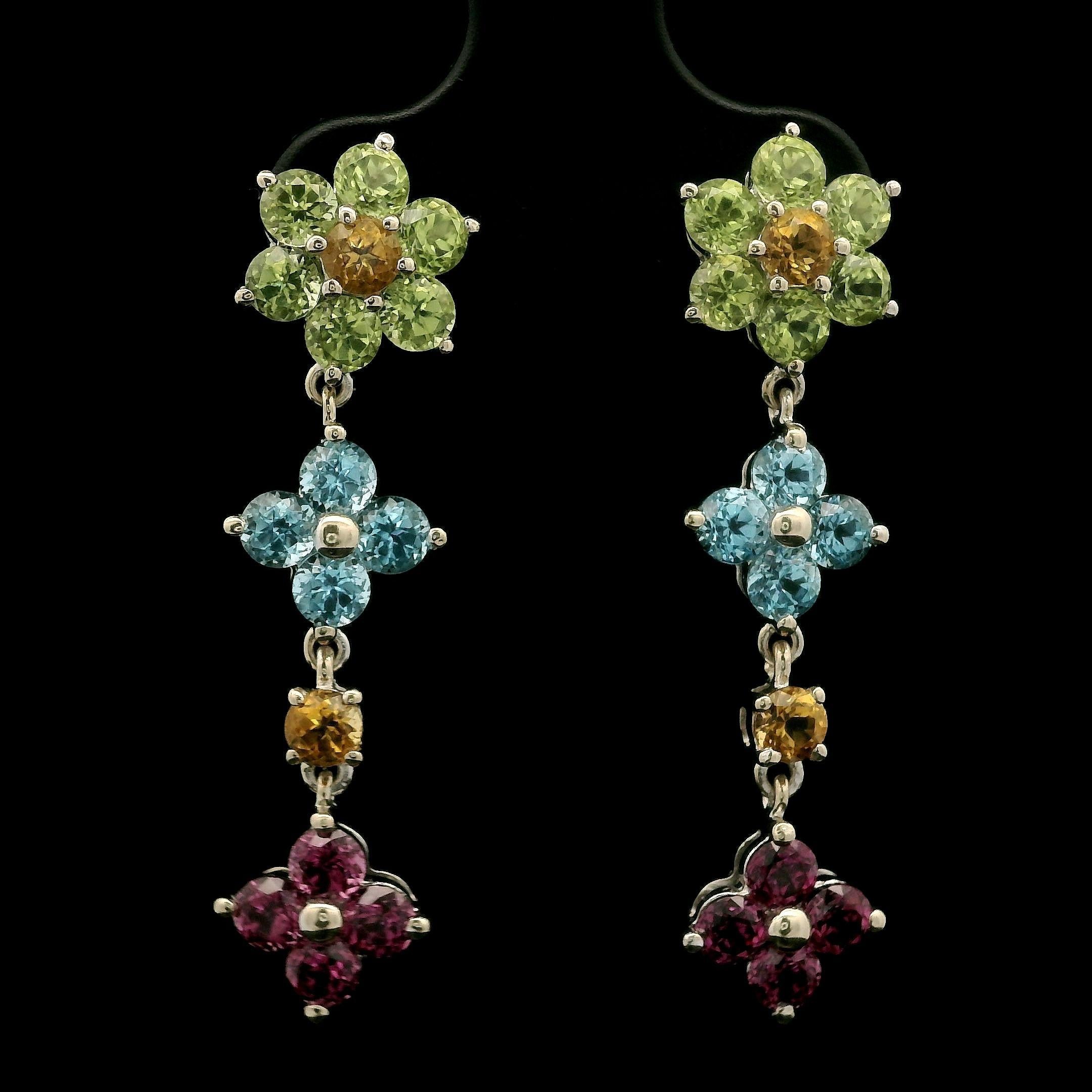 Estate White Gold Natural Colored Stone Flower Cluster Dangle Drop Earring For Sale 1