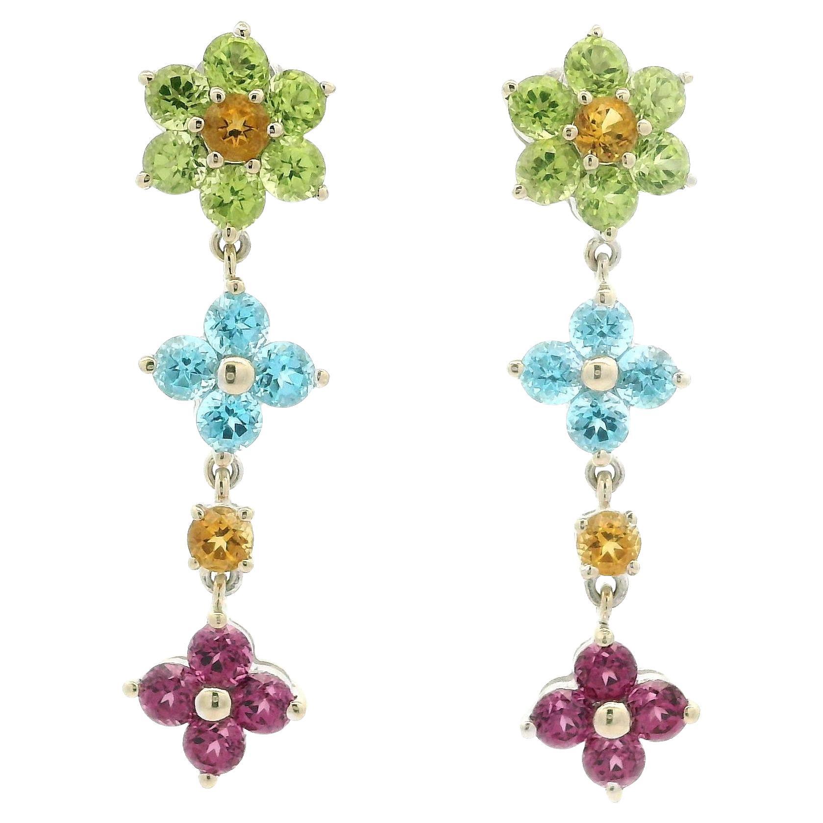 Estate White Gold natürlichen farbigen Stein Blume Cluster baumeln Tropfen Ohrring