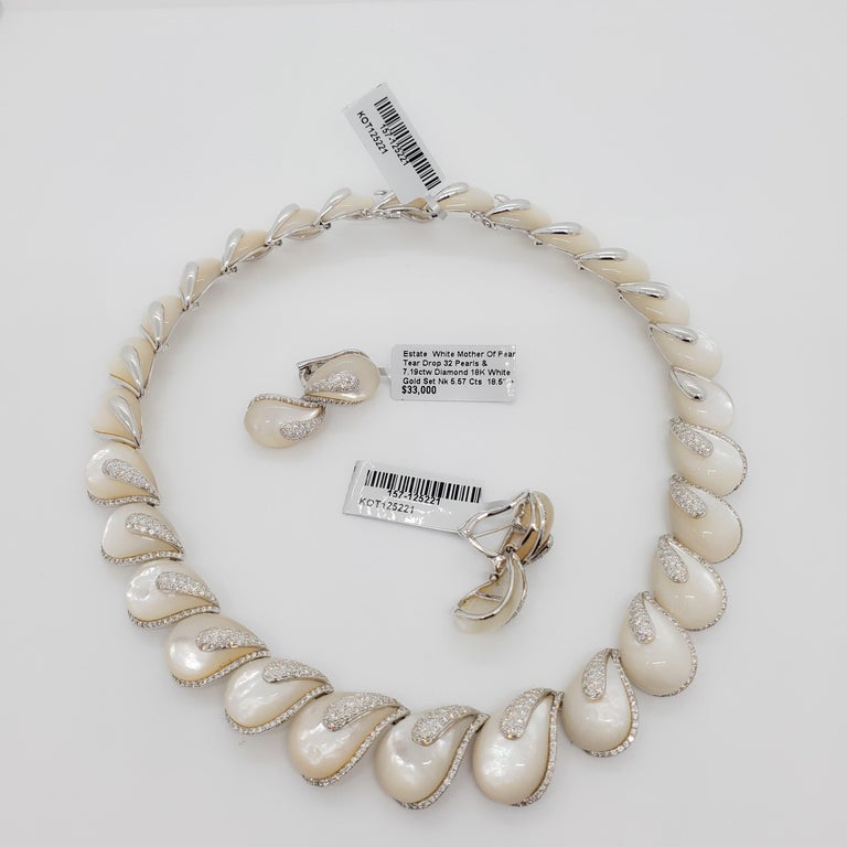 Estate White Mother of Pearl and Diamond Necklace and Earrings Set For ...